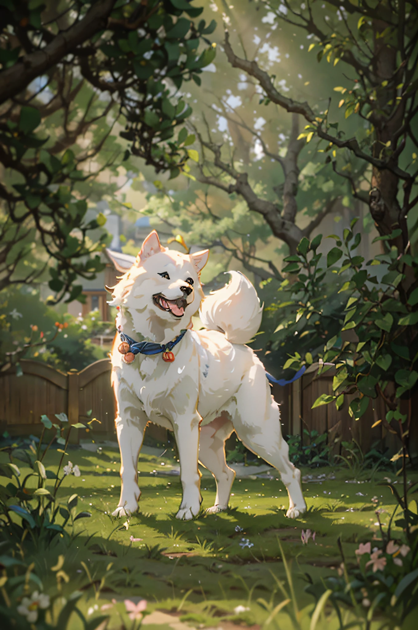"Japanese anime image, a male Akita inu dog with closed mouth in detailed and delicate style, flowers, with vibrant lighting and realistic shadows, high quality, 8k"
