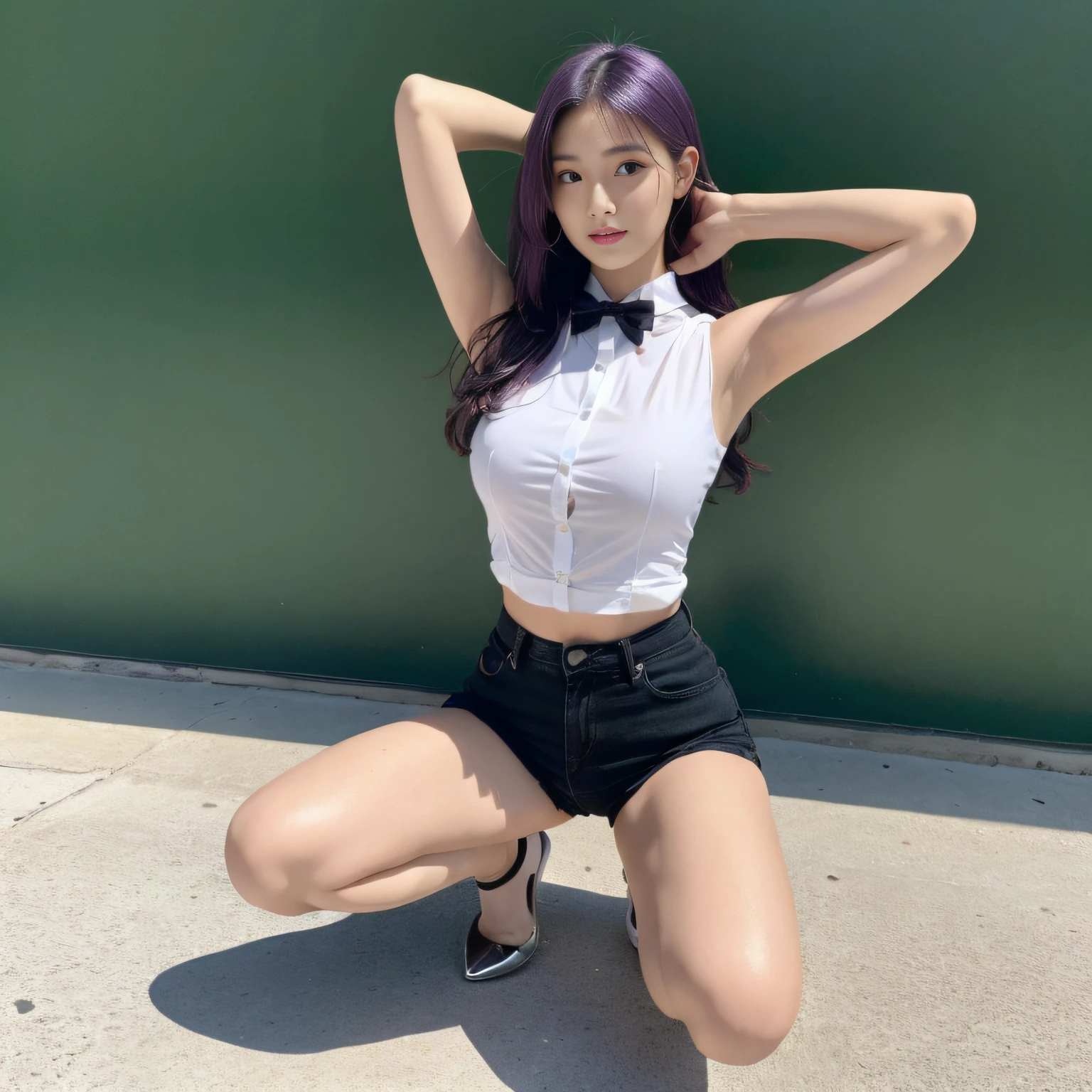 Top Quality, Super Hi-Res 1 person, Ultra slim, Detail beautiful skin, (blush), Light face, Girl, (Rize), (Full black shorts: 1.2), (Black thighs), Black bow tie, (Purple hair: 1.2), (Green eyes), (White shirt: 1.2), Street, Medium breasts, (Full body), (Sleeveless: 1.1), Present armpits, No hands, Full body photo, Thighs, Squatting, kneeling, Beautiful legs,