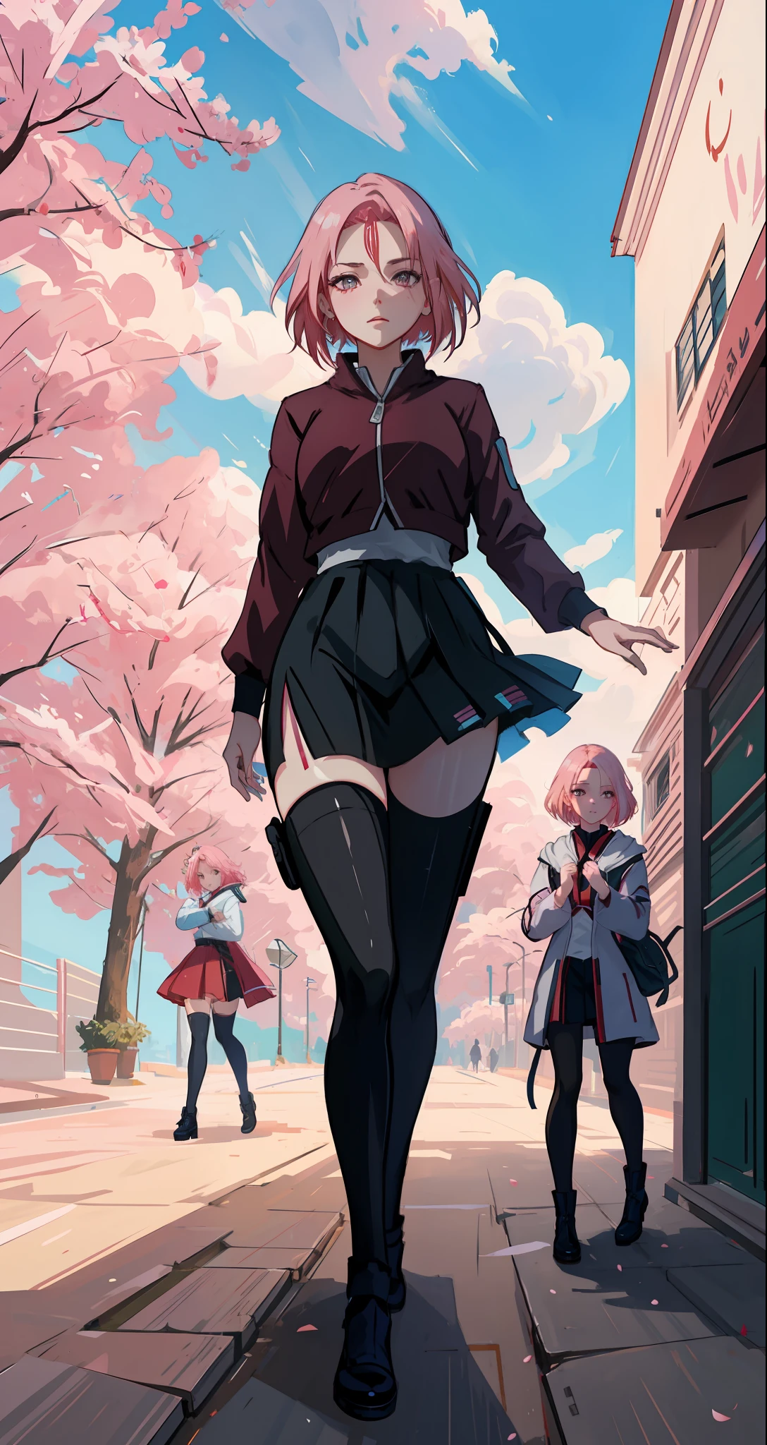 Sakura haruno, seductive, ((forehead the show)), attractive, sexy eyes, red coat with akatsuki clouds, pink hair, delicate, young, short hair, detailed face, high definition, full body, from League of Legends, trend in artstation, by rhads, andreas rocha, rossdraws, makoto shinkai, laurie greasley, lois van baarle, ilya kuvshinov and greg rutkowski