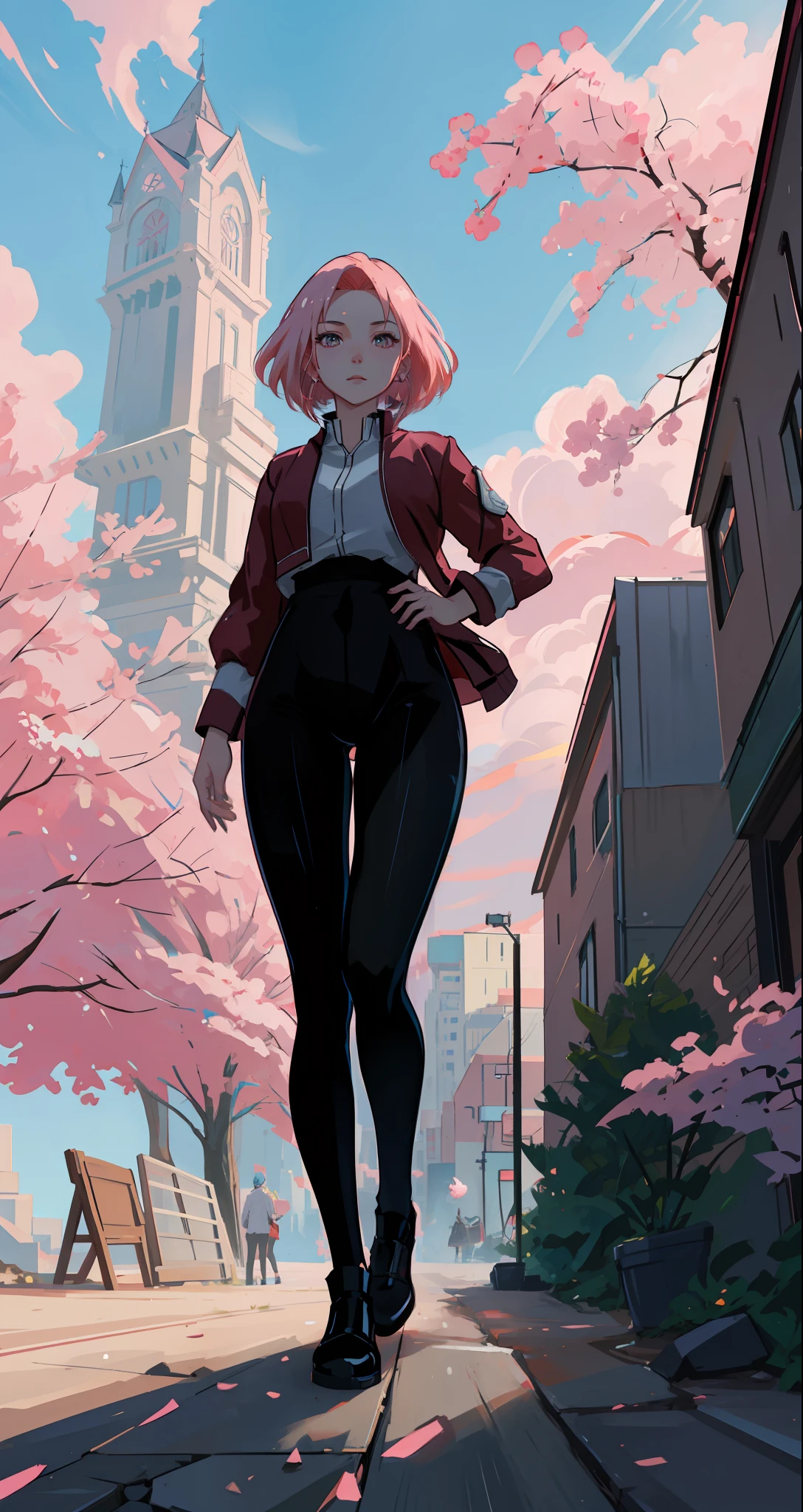 Sakura haruno, seductive, ((forehead the show)), attractive, sexy eyes, red coat with akatsuki clouds, pink hair, delicate, young, short hair, detailed face, high definition, full body, from League of Legends, trend in artstation, by rhads, andreas rocha, rossdraws, makoto shinkai, laurie greasley, lois van baarle, ilya kuvshinov and greg rutkowski