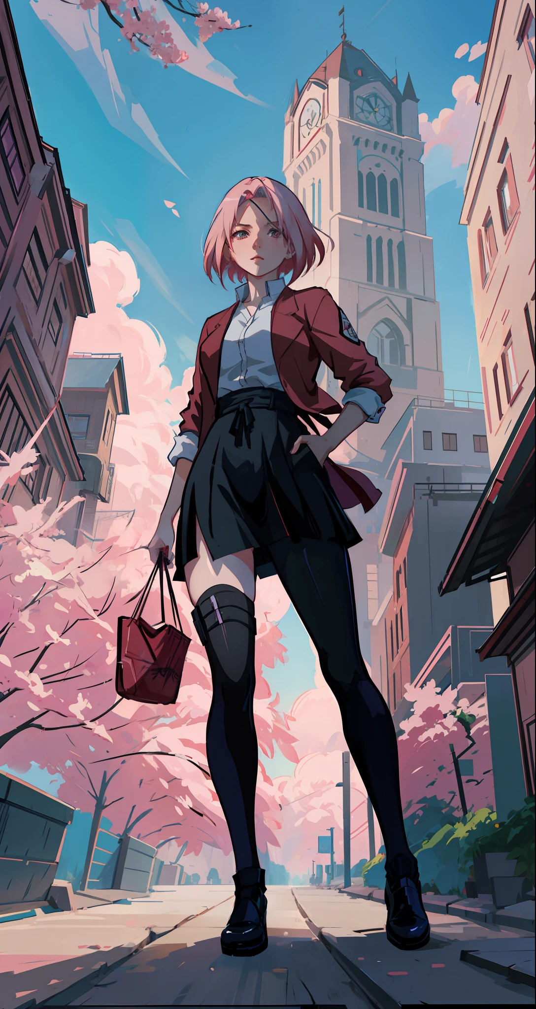 Sakura haruno, seductive, ((forehead the show)), attractive, sexy eyes, red coat with akatsuki clouds, pink hair, delicate, young, short hair, detailed face, high definition, full body, from League of Legends, trend in artstation, by rhads, andreas rocha, rossdraws, makoto shinkai, laurie greasley, lois van baarle, ilya kuvshinov and greg rutkowski