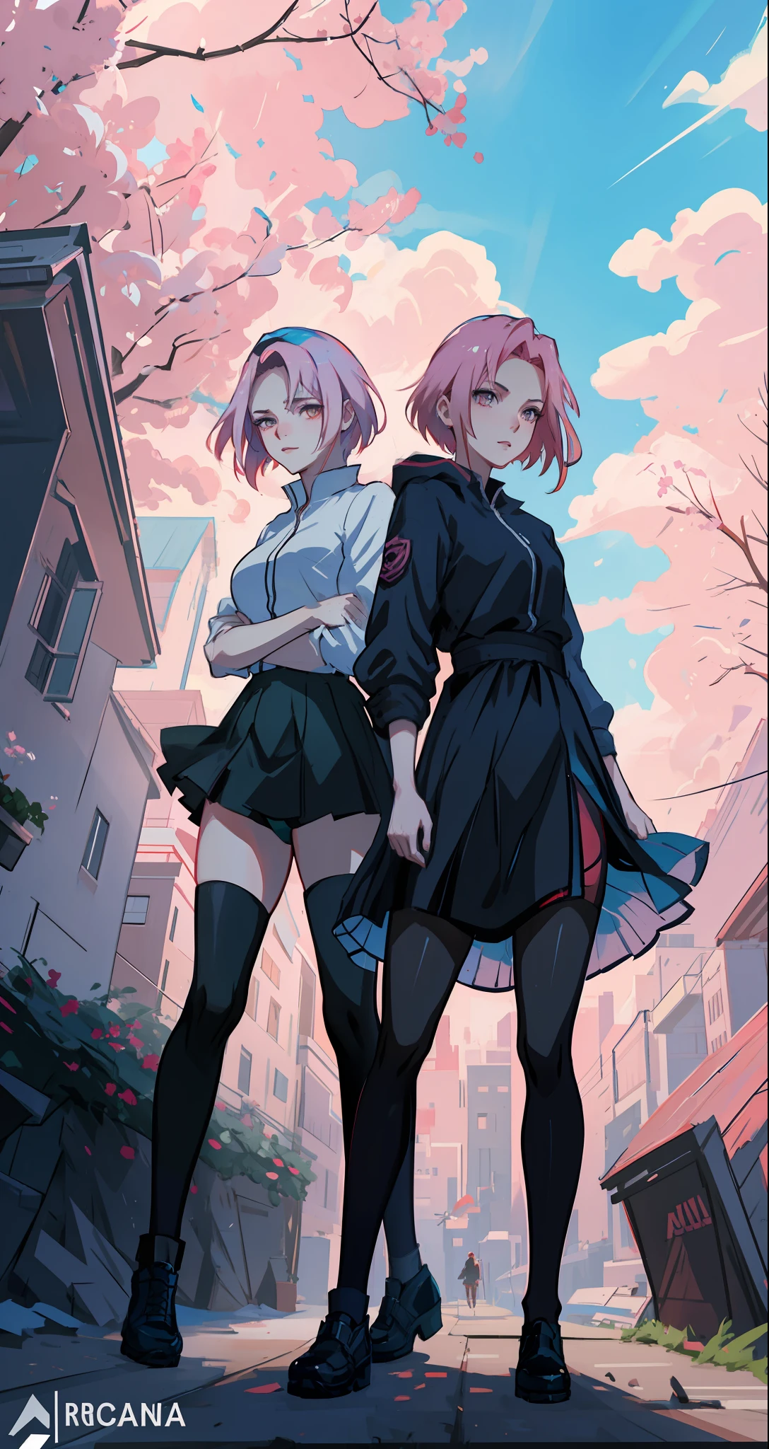 Sakura haruno, seductive, ((forehead the show)), attractive, sexy eyes, red coat with akatsuki clouds, pink hair, delicate, young, short hair, detailed face, high definition, full body, from League of Legends, trend in artstation, by rhads, andreas rocha, rossdraws, makoto shinkai, laurie greasley, lois van baarle, ilya kuvshinov and greg rutkowski