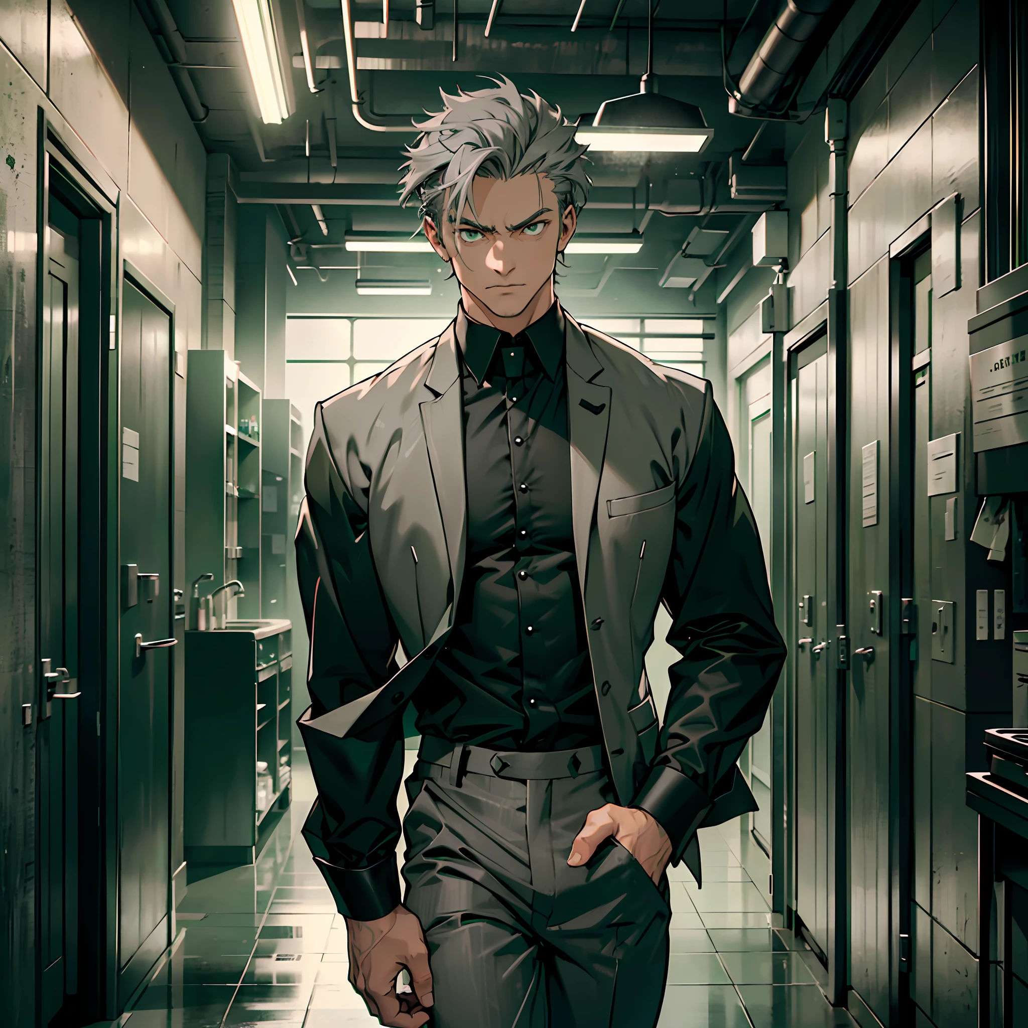 Man of defined body, shooter, alone, pistols in his hands, gray hair, locks of hair in moss green tone, short hair, ((social blouse of black and gray color, black and long gray pants)), social shoes of black color, serious look, eyes of light green color, old salon, black tie.