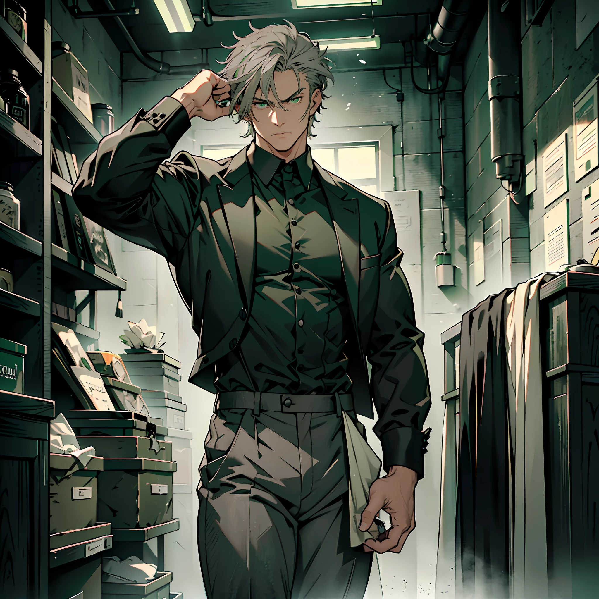 Man of defined body, shooter, alone, pistols in his hands, gray hair, locks of hair in moss green tone, short hair, ((social blouse of black and gray color, black and long gray pants)), social shoes of black color, serious look, eyes of light green color, old salon, black tie.