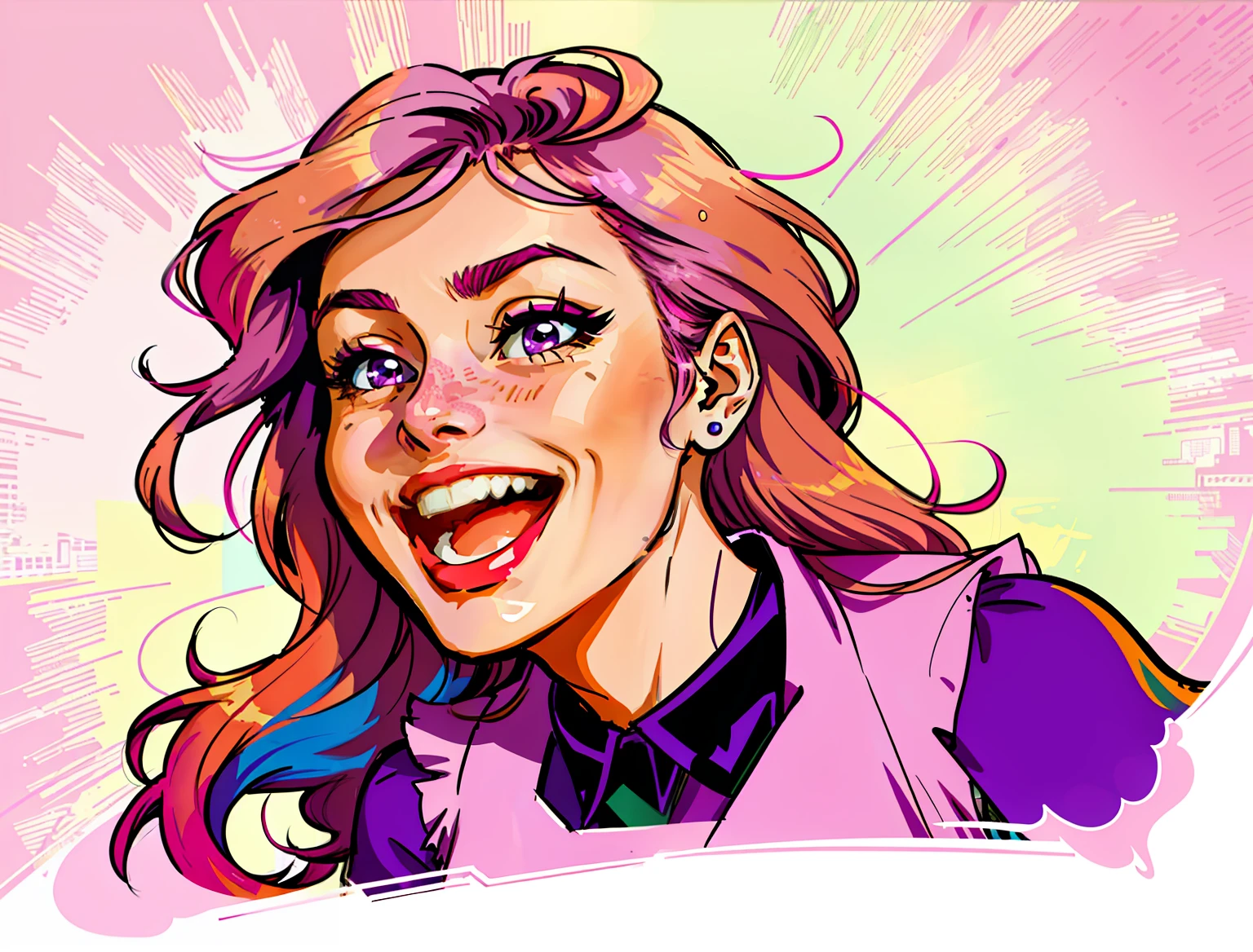 Girl laughing, pink hair, violet color blouse, comic style, pop art style, HD