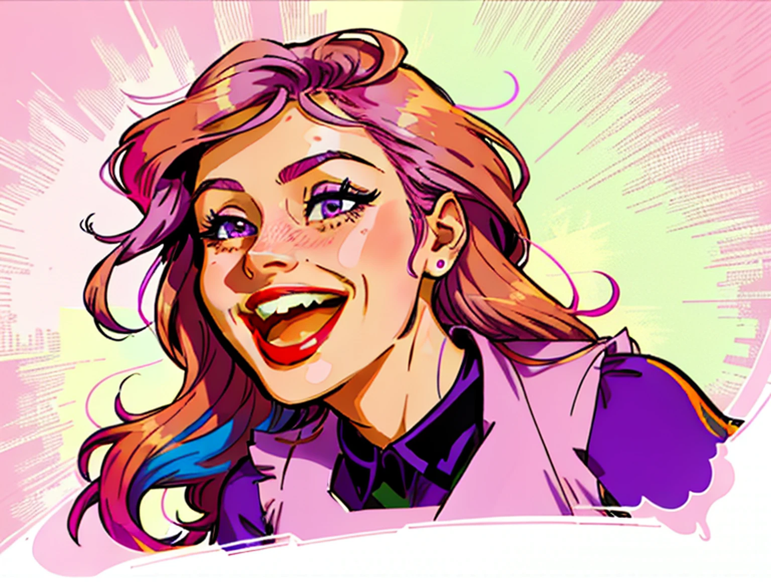 Girl laughing, pink hair, violet color blouse, comic style, pop art style, HD