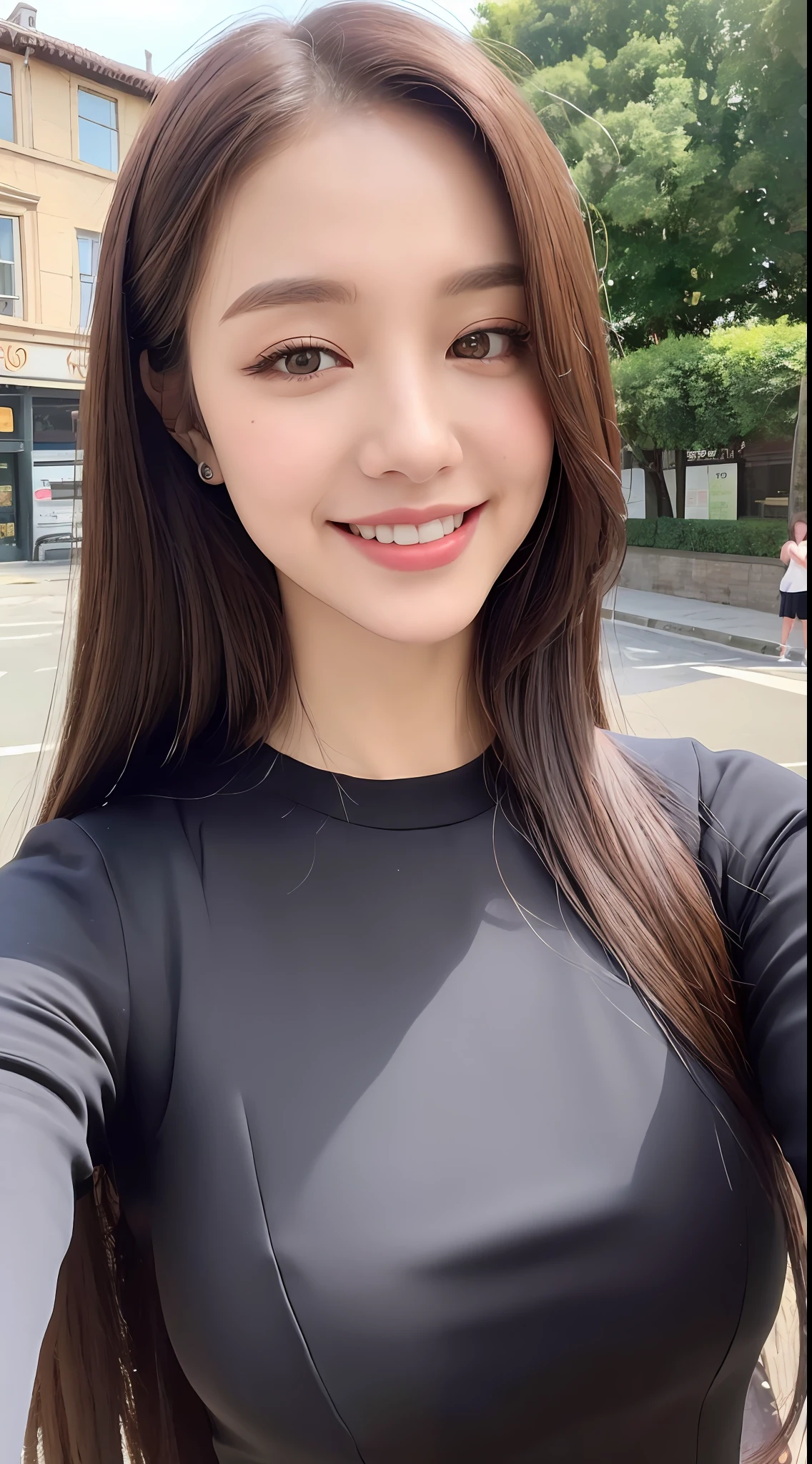 ((Best quality, 8k, Masterpiece :1.3)), 1girl, taking selfie, closeup, smiling, slim face, Pretty woman, (Dark brown hair), full length dress :1.1, Ultra-detailed face, Detailed eyes, Double eyelid, blur background, slim face, city, outside, street, sunny, sky, Nature