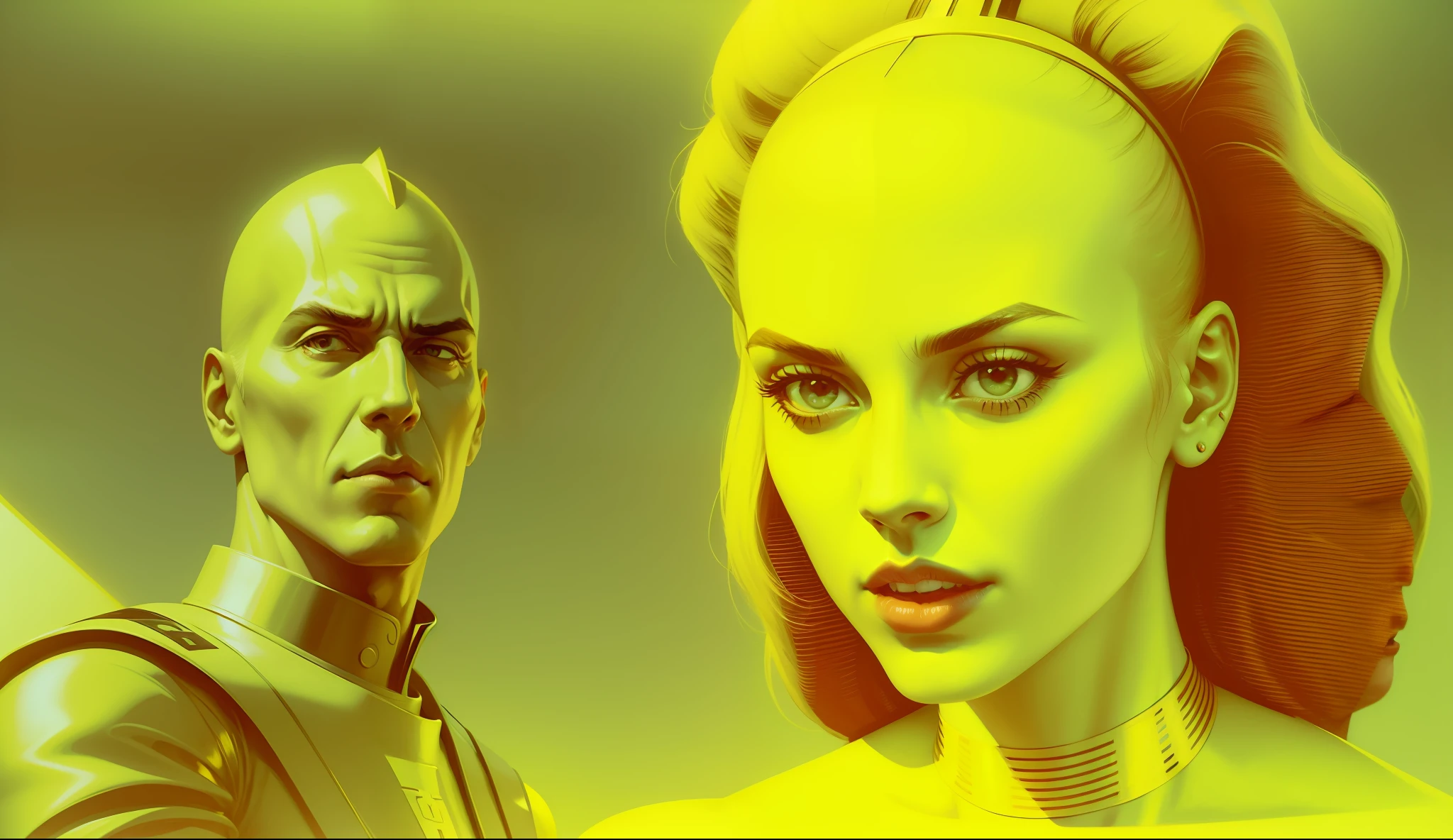 a man and a woman standing next to each other, a comic book panel by Ed Paschke, trending on cg society, de stijl, reimagined by industrial light and magic, renaissance painting, movie poster