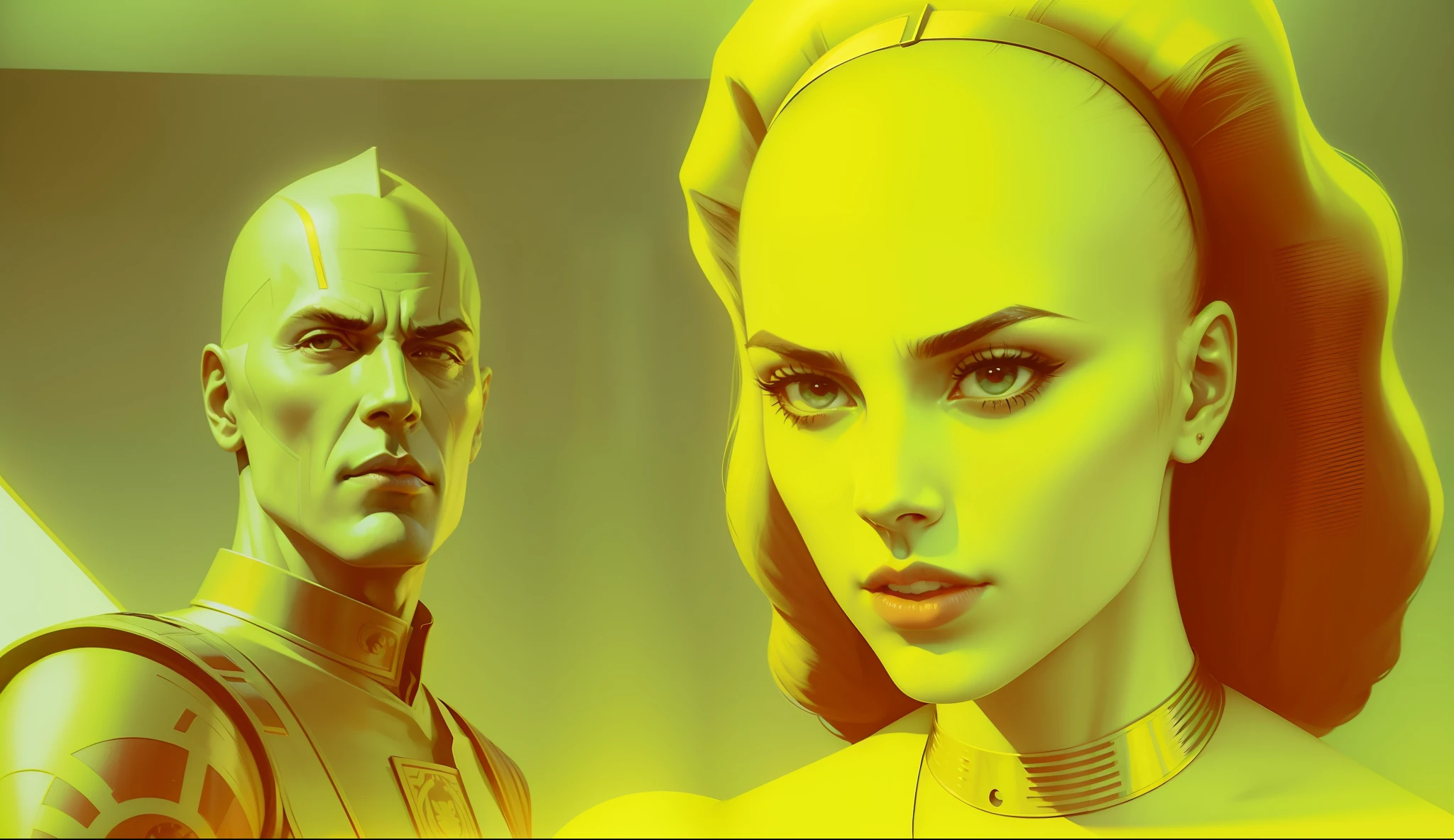 a man and a woman standing next to each other, a comic book panel by Ed Paschke, trending on cg society, de stijl, reimagined by industrial light and magic, renaissance painting, movie poster