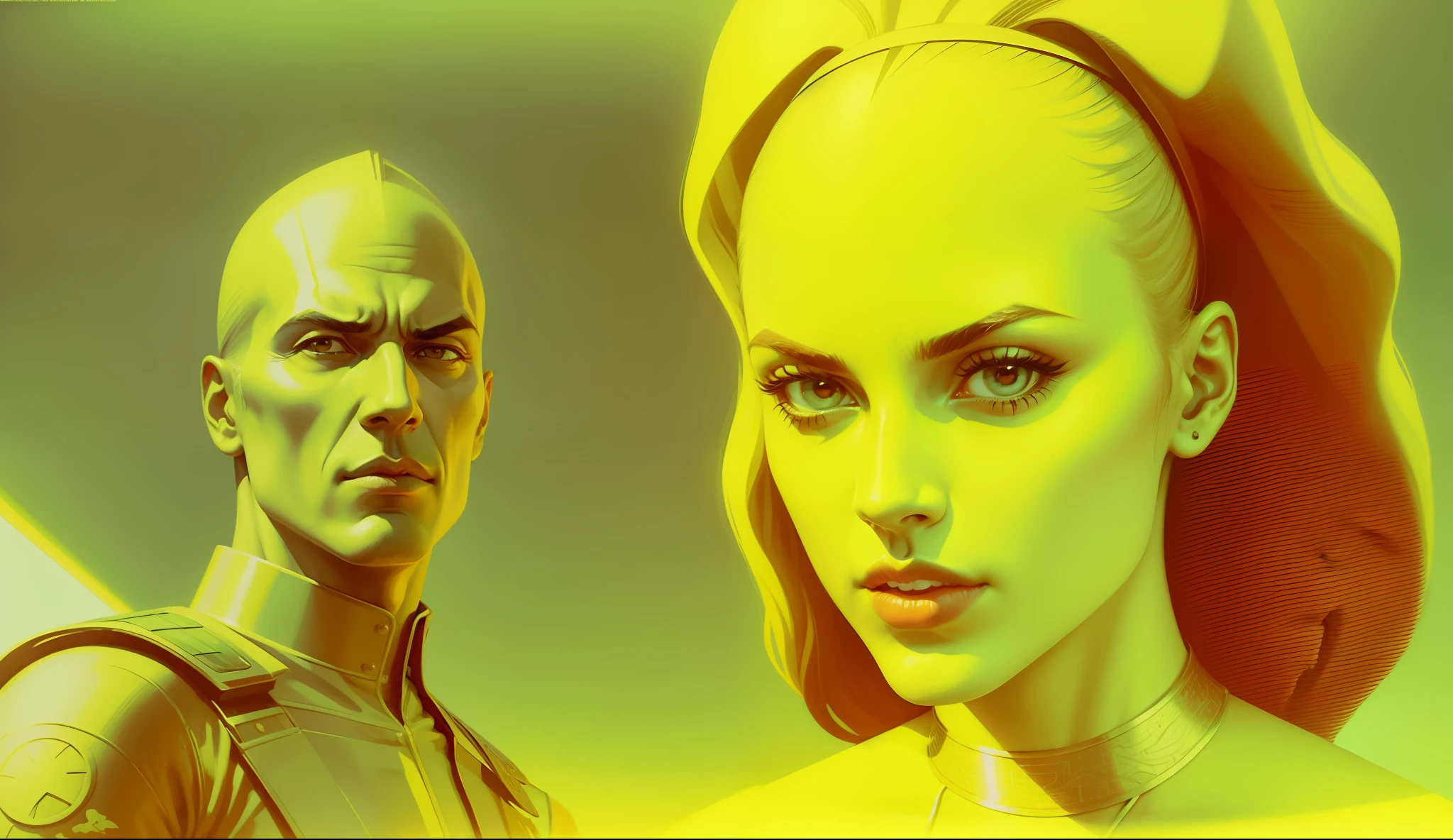 a man and a woman standing next to each other, a comic book panel by Ed Paschke, trending on cg society, de stijl, reimagined by industrial light and magic, renaissance painting, movie poster