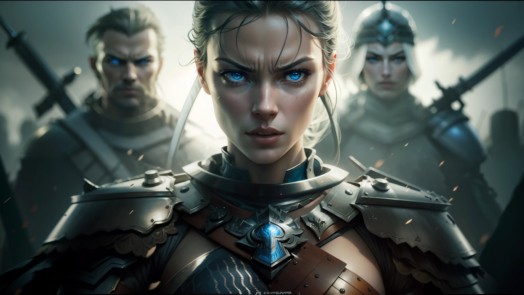 arafed woman in armor with blue eyes and a sword, perdita weeks!, cinematic lighting ”, behance, milla jovovich, asterix, by Władysław Podkowiński, portraits of a woman enraged, cinematic opening shot, by Jens Søndergaard, 8k archival print, human soldiers, nordic