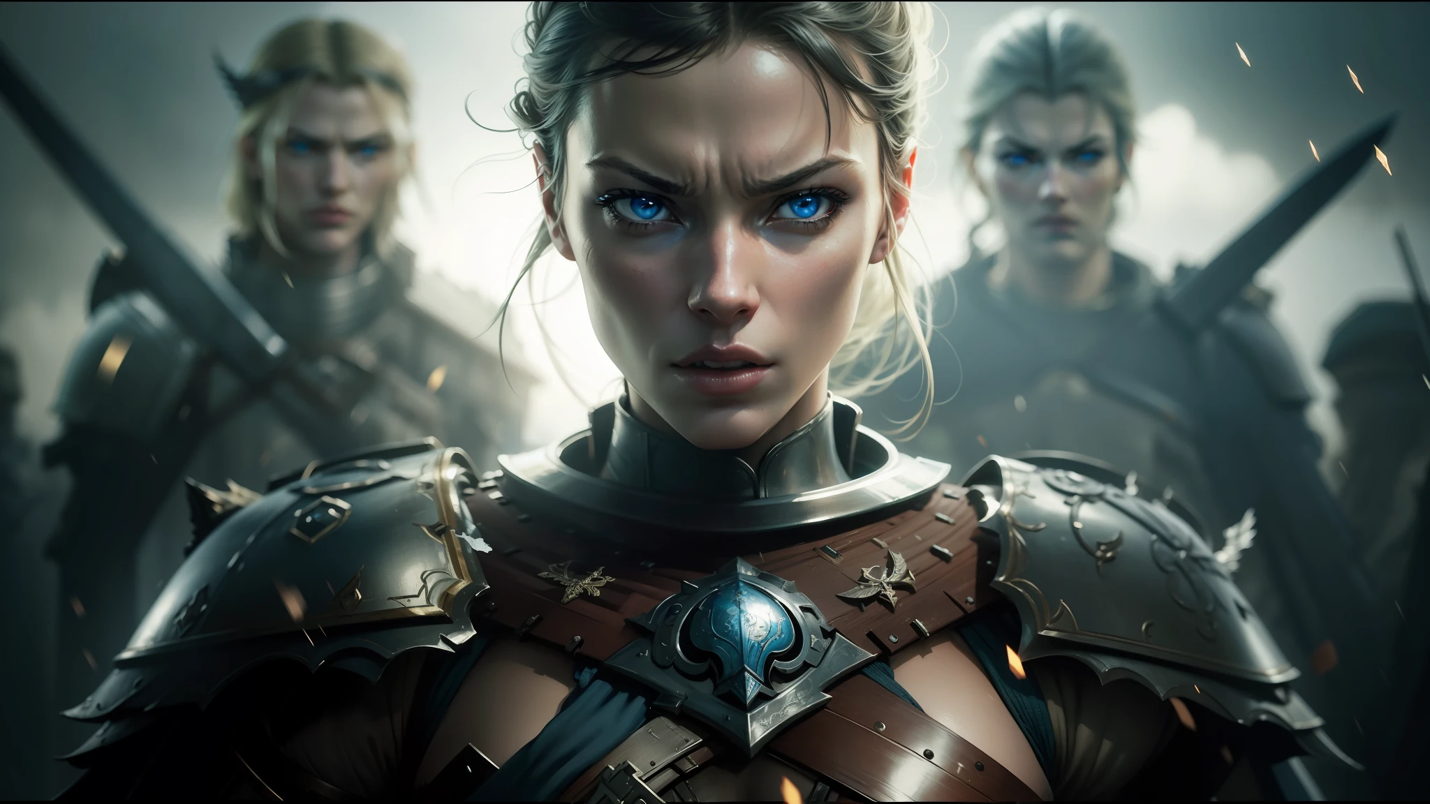 arafed woman in armor with blue eyes and a sword, perdita weeks!, cinematic lighting ”, behance, milla jovovich, asterix, by Władysław Podkowiński, portraits of a woman enraged, cinematic opening shot, by Jens Søndergaard, 8k archival print, human soldiers, nordic