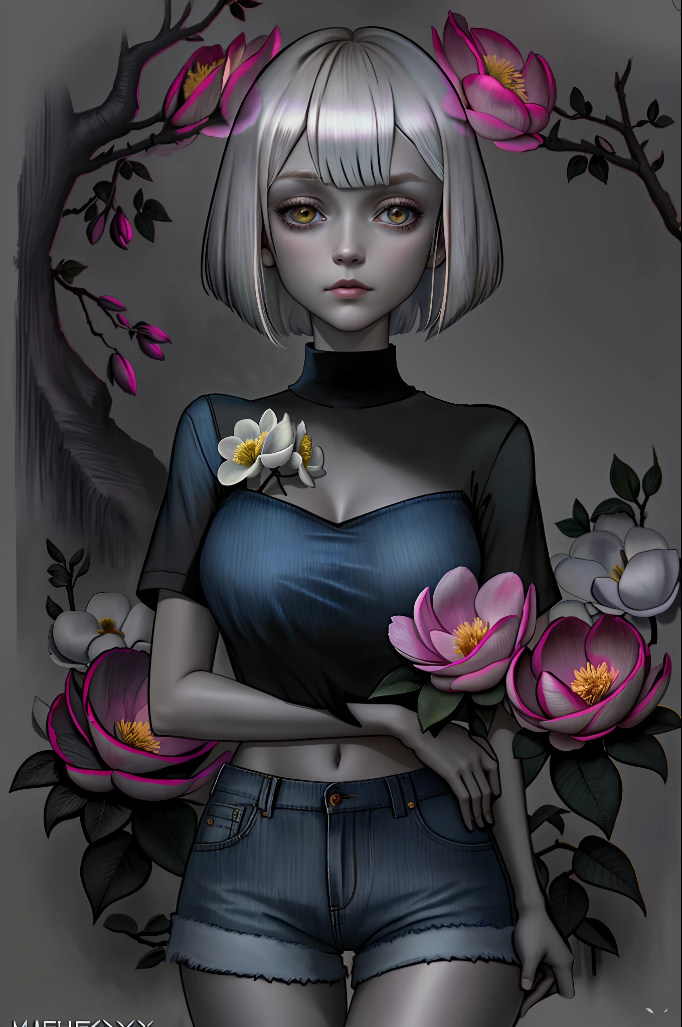 pretty 1girl, absurdres, 8k uhd, platinum blonde hair, bob cut, medium breasts, black tshirt, denim shorts, garden background, flowers, magnolias, apple tree, close up portrait
