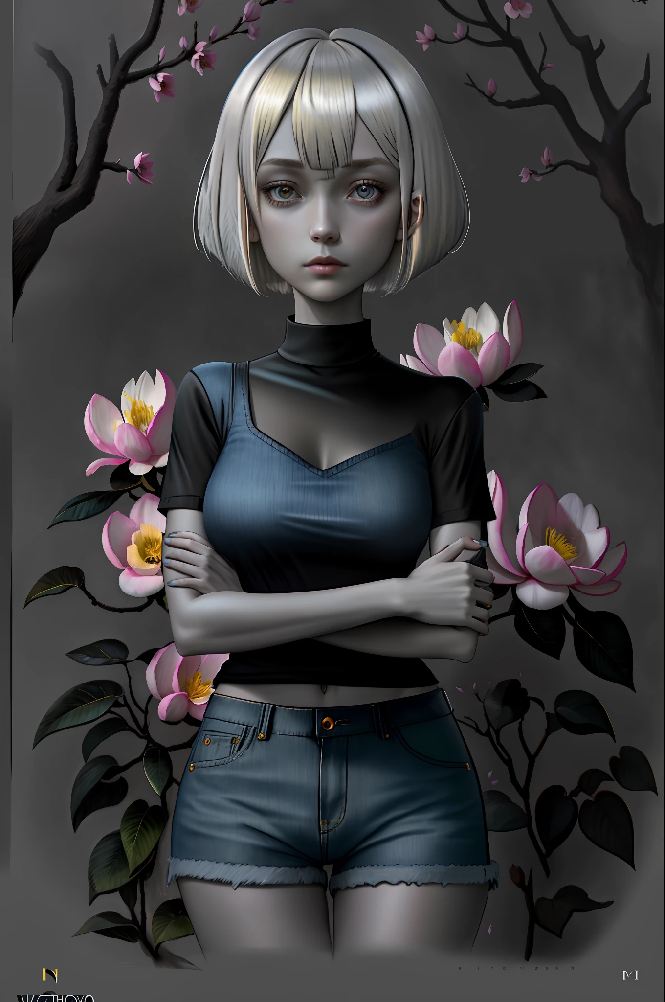 pretty 1girl, absurdres, 8k uhd, platinum blonde hair, bob cut, medium breasts, black tshirt, denim shorts, garden background, flowers, magnolias, apple tree, close up portrait