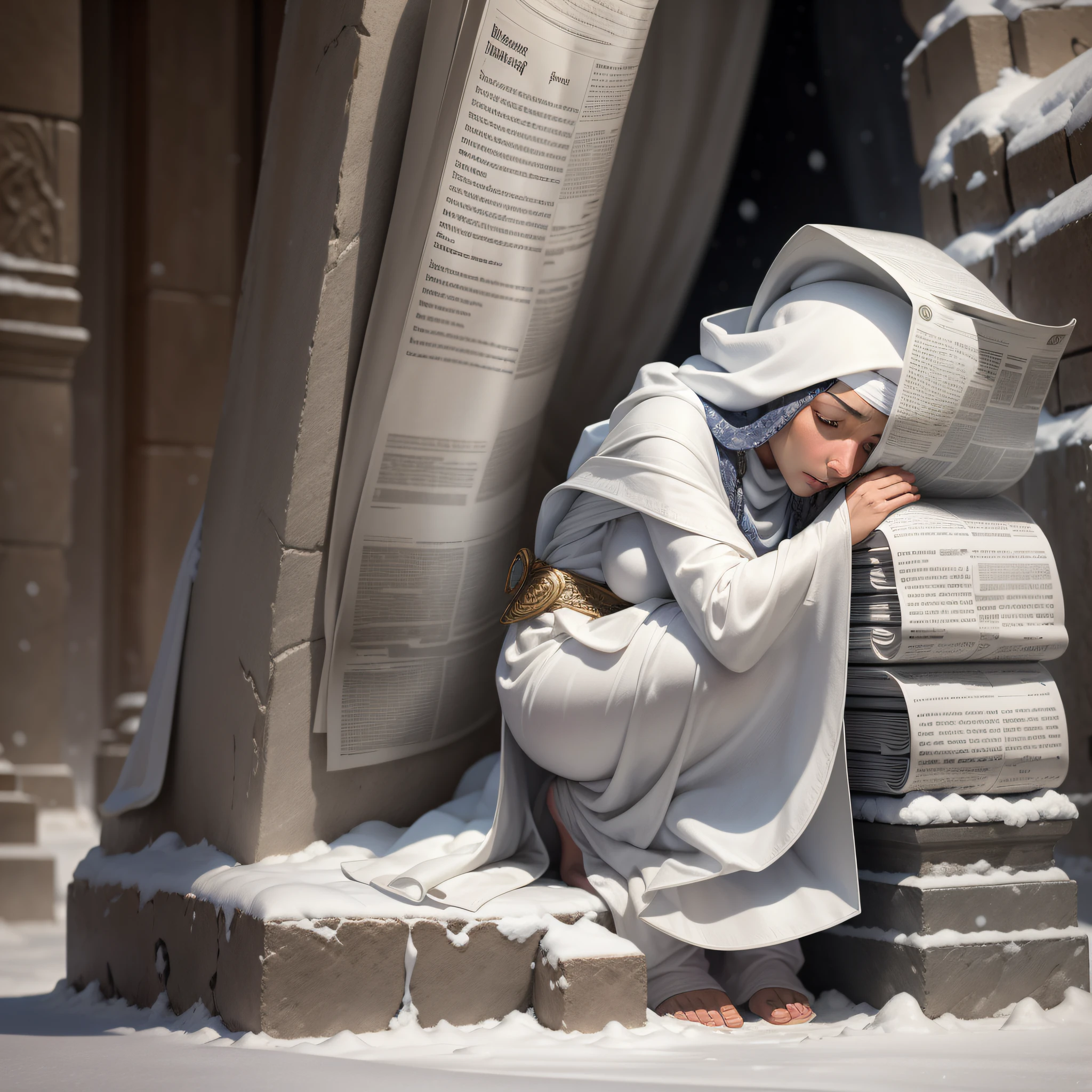 kneeling body draped in sheet, OldEgyptAI, reading newspaper, stone statue, on the snow winter terrain, difuse lighting, shy, scared, praying, eyes looking up, cinematic lighting, side view from bottom, anatomically correct, super detail