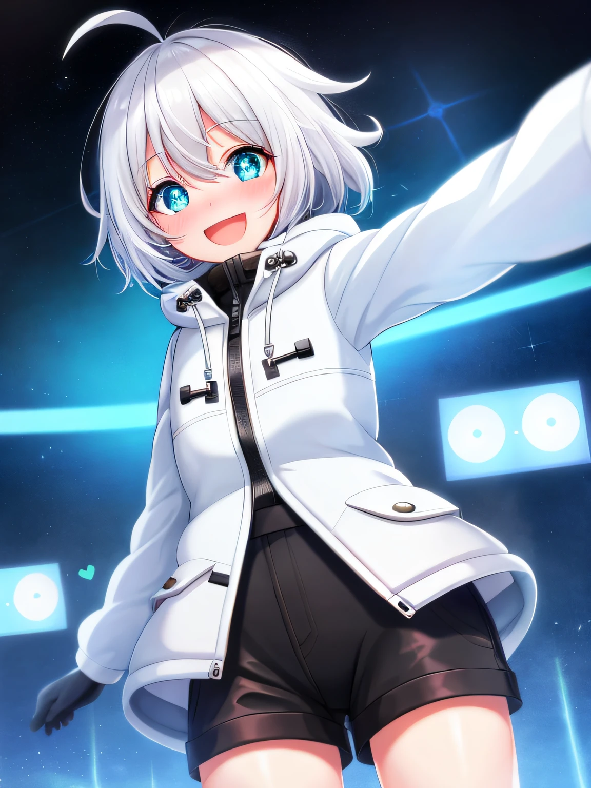 1girl, solo, white hair, short hair, hair between eyes, bangs, white parka, closed jacket, gloves, flat chest, wide hips, down jacket, cyan eyes, cute face, small pupils, blush, android, round eyes, glowing cyan eyes, mechabare, mechanical parts, smile, messy hair, ahoge, excited, starry eyes, open mouth, arms outstretched, :D, puffy shorts, thighs, crazy smile, nose blush, wide eyes, big eyes, flustered, wavy smile, outline, heart,