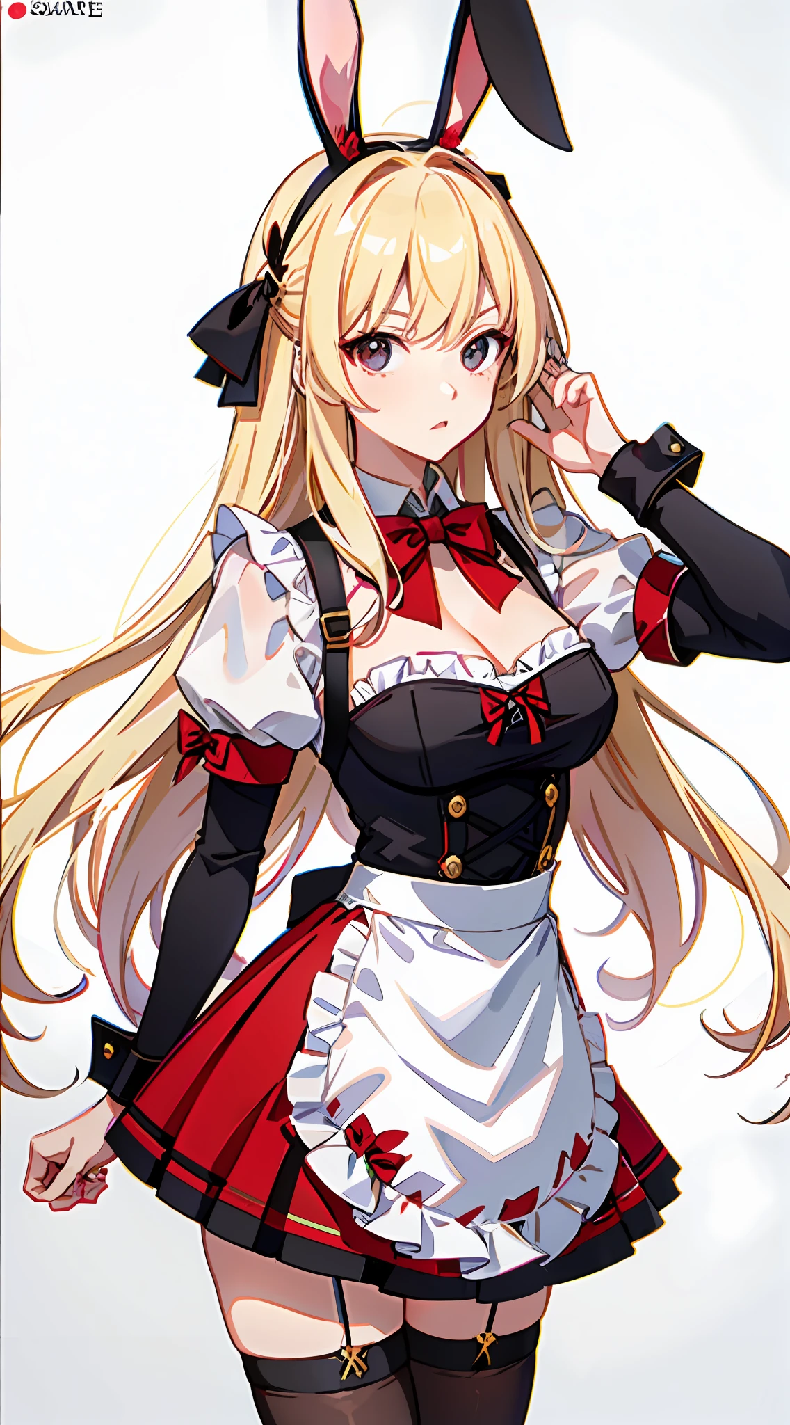 absurdres, best quality, 1girl, solo, blonde hair, black eyes, long hair, large breasts, ahBunny, rabbit ears, red corset, gakuran, apron, red neck ribbon, red skirt, hair bow, short sleeves, wrist cuffs , white thighhighs, jingle bell