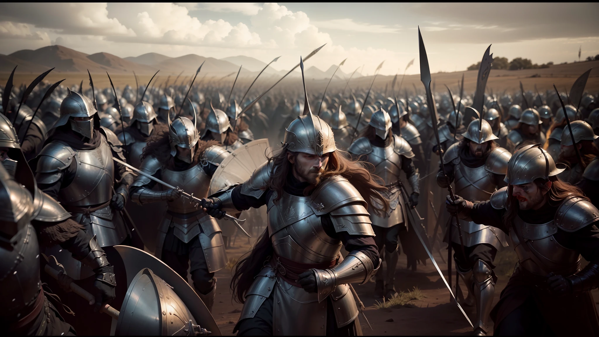 image of a group of men in armor with spears and shields, still from lord of the rings, still frame from prometheus, violet battlefield theme, photo render, by David Macbeth Sutherland, conformity, wearing a round helmet, rows of razor sharp teeth, photography photojournalism, walls, miranda otto as eowyn, warriors fan art, archillect concept art