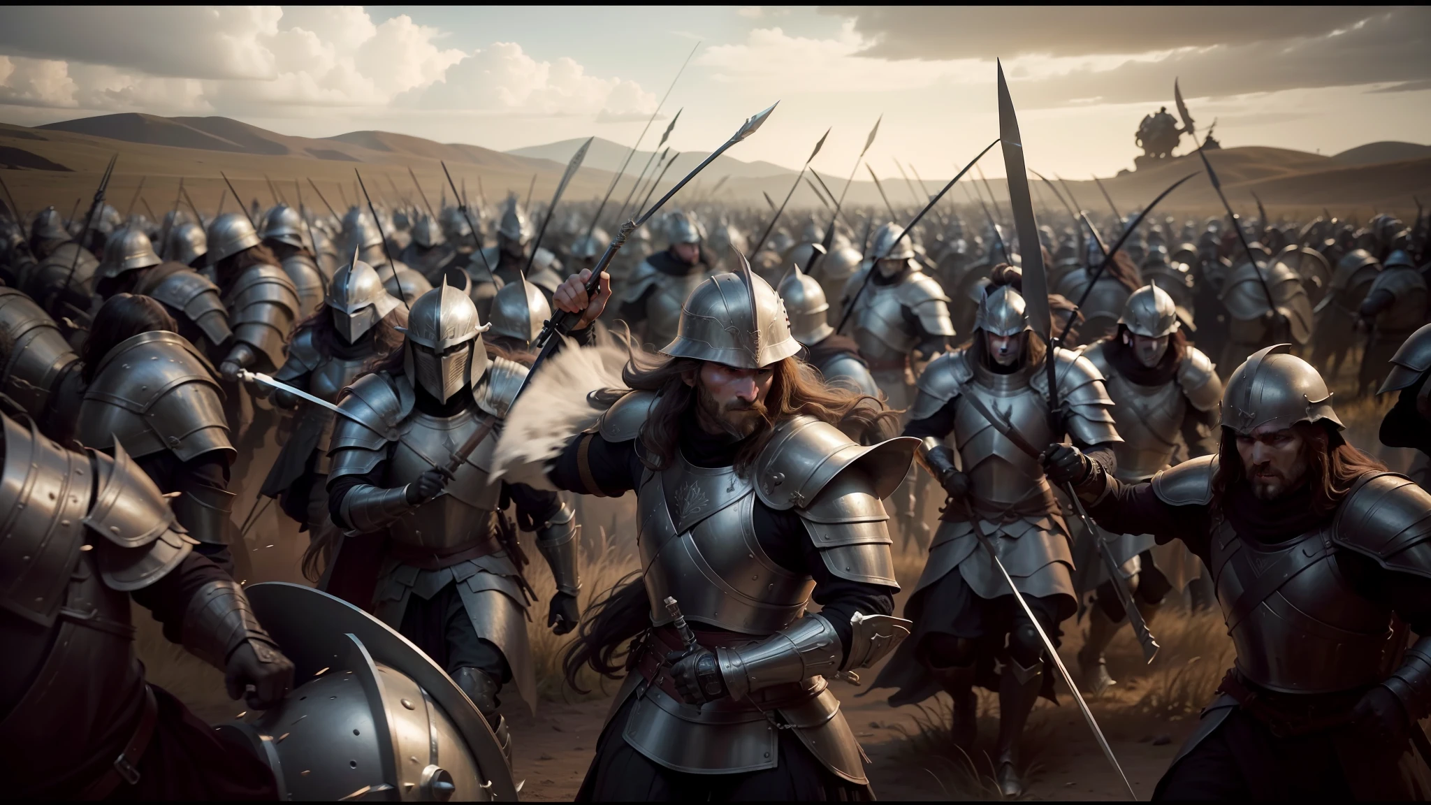 image of a group of men in armor with spears and shields, still from lord of the rings, still frame from prometheus, violet battlefield theme, photo render, by David Macbeth Sutherland, conformity, wearing a round helmet, rows of razor sharp teeth, photography photojournalism, walls, miranda otto as eowyn, warriors fan art, archillect concept art