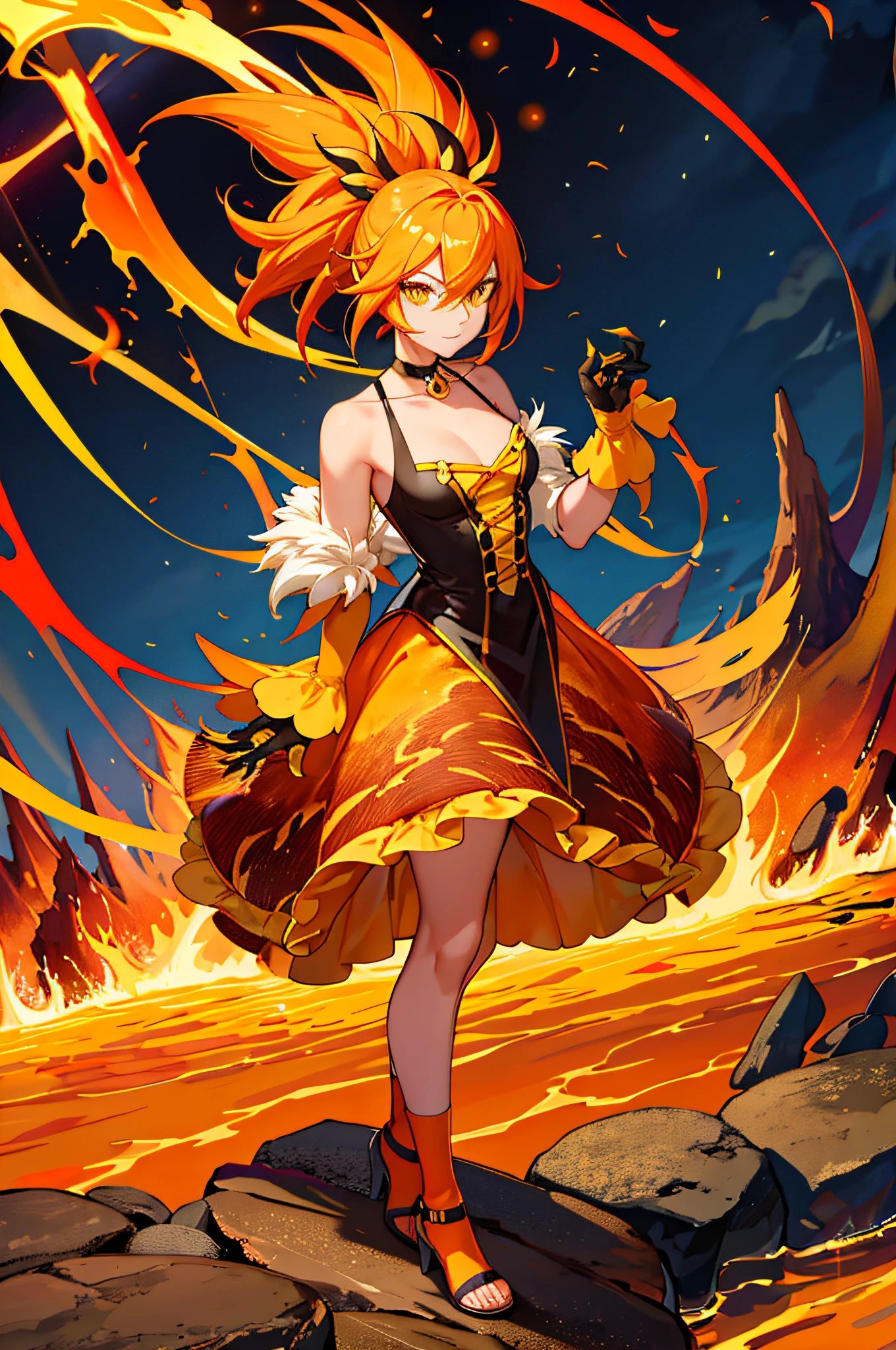 Duck, (monster girl), short yellow hair made of flames, fiery, yellow skin, orange spikes, long yellow tail tipped with flame, orange fiery dress with fire pattern, orange spike gloves, claws, black neck choker, standing by a lava river, fire flames behind them, masterpiece, best quality