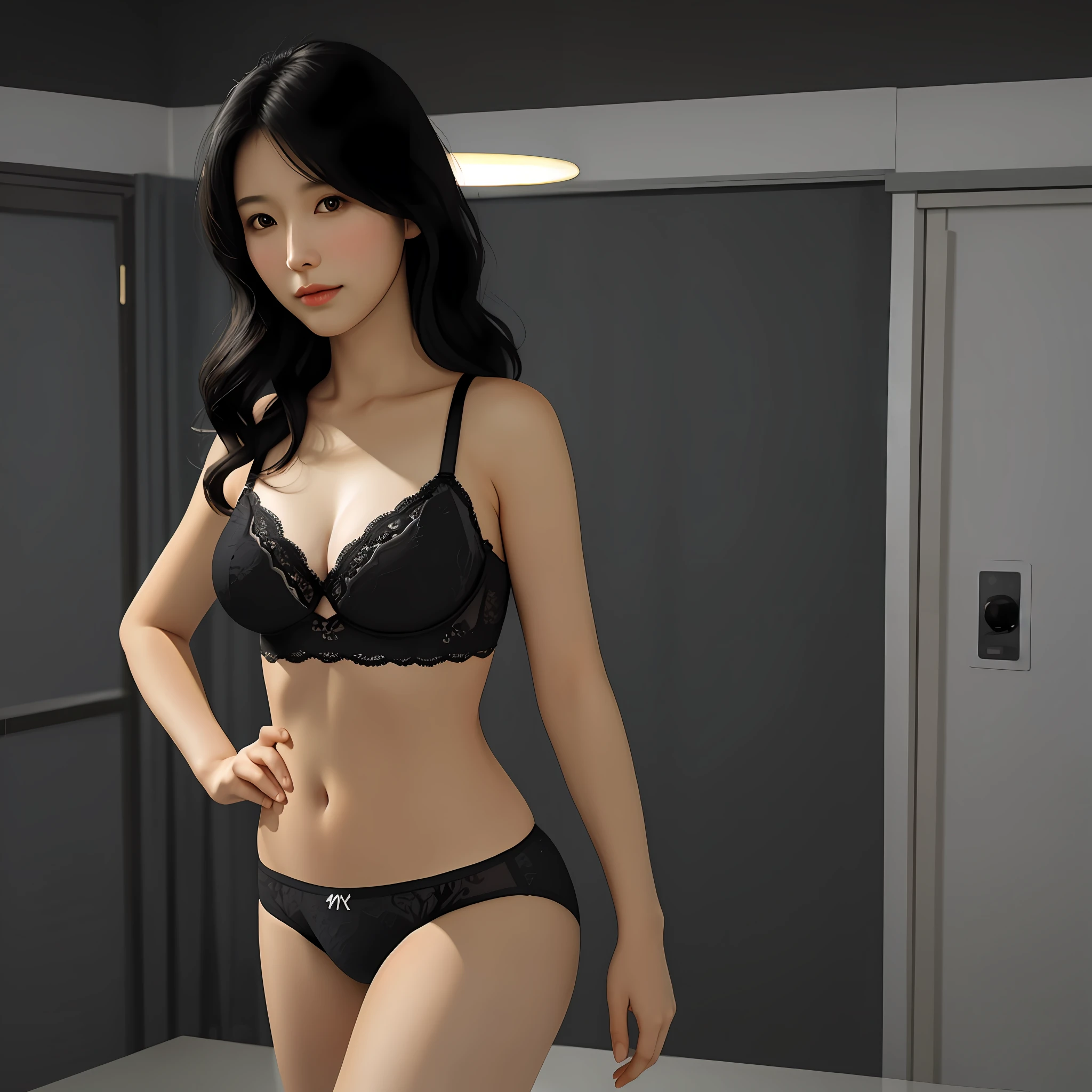 realistic, beauty, announcer, black hair short, sexy underwear, shy face, medium breasts,