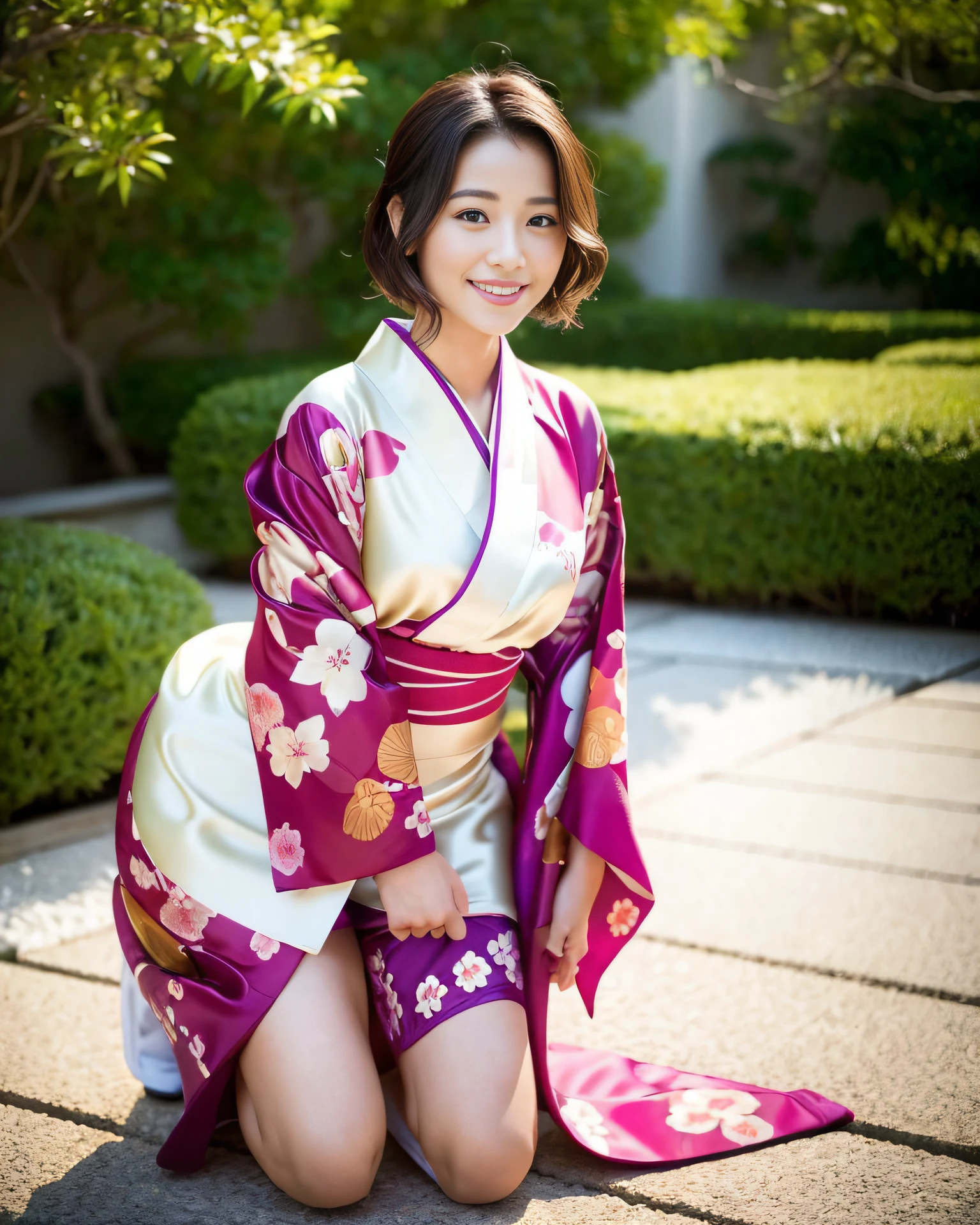 Top Quality, Face Focus, Soft Light, (Depth of Field), Ultra High Resolution, (Photoreal: 1.4), RAW Photos, (Portrait: 1.4), (Portrait: 1.2), (Sideways: 1.2) 1 Japan Girl, Solo, Cute, (Shy, Smile: 1.1), (Brown Eyes), Detailed Beautiful Face, (Short Hair), (Silk Kimono: 1.4), Yukata, Full Body, Thighs, Crouching, Kneeling, Beautiful Legs,
