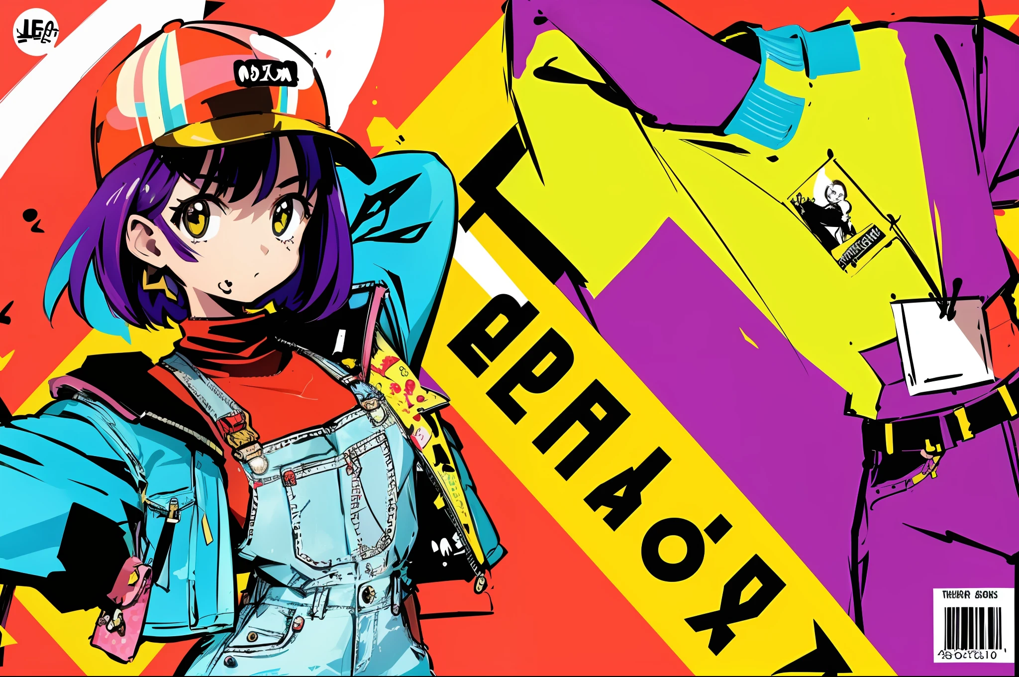 1girl, sfw, cap, shorts, jacket, (Magazine cover-style illustration of a fashionable woman in vibrant outfit posing in front of a colorful and dynamic background. She has a confident expression and is striking a pose. The text on the cover should be bold and attention-grabbing, with the title of the magazine and a catchy headline. The overall style should be modern and trendy, with a focus on fashion and lifestyle), wallpaper, crowds, fashion, contrapposto, female focus, model, cool