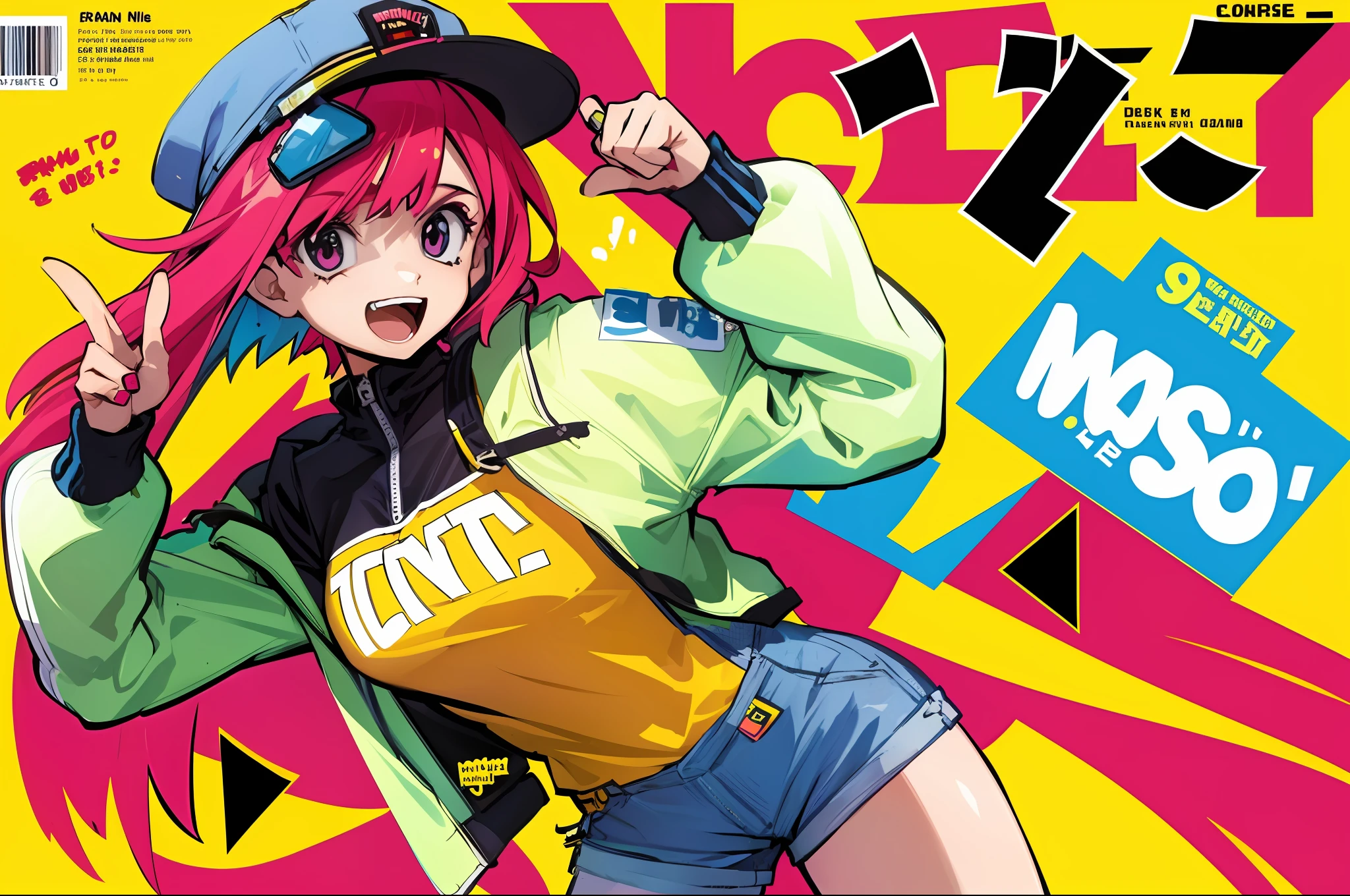 1girl, sfw, cap, shorts, jacket, (Magazine cover-style illustration of a fashionable woman in vibrant outfit posing in front of a colorful and dynamic background. She has a confident expression and is striking a pose. The text on the cover should be bold and attention-grabbing, with the title of the magazine and a catchy headline. The overall style should be modern and trendy, with a focus on fashion and lifestyle), wallpaper, crowds, fashion, contrapposto, female focus, model, cool