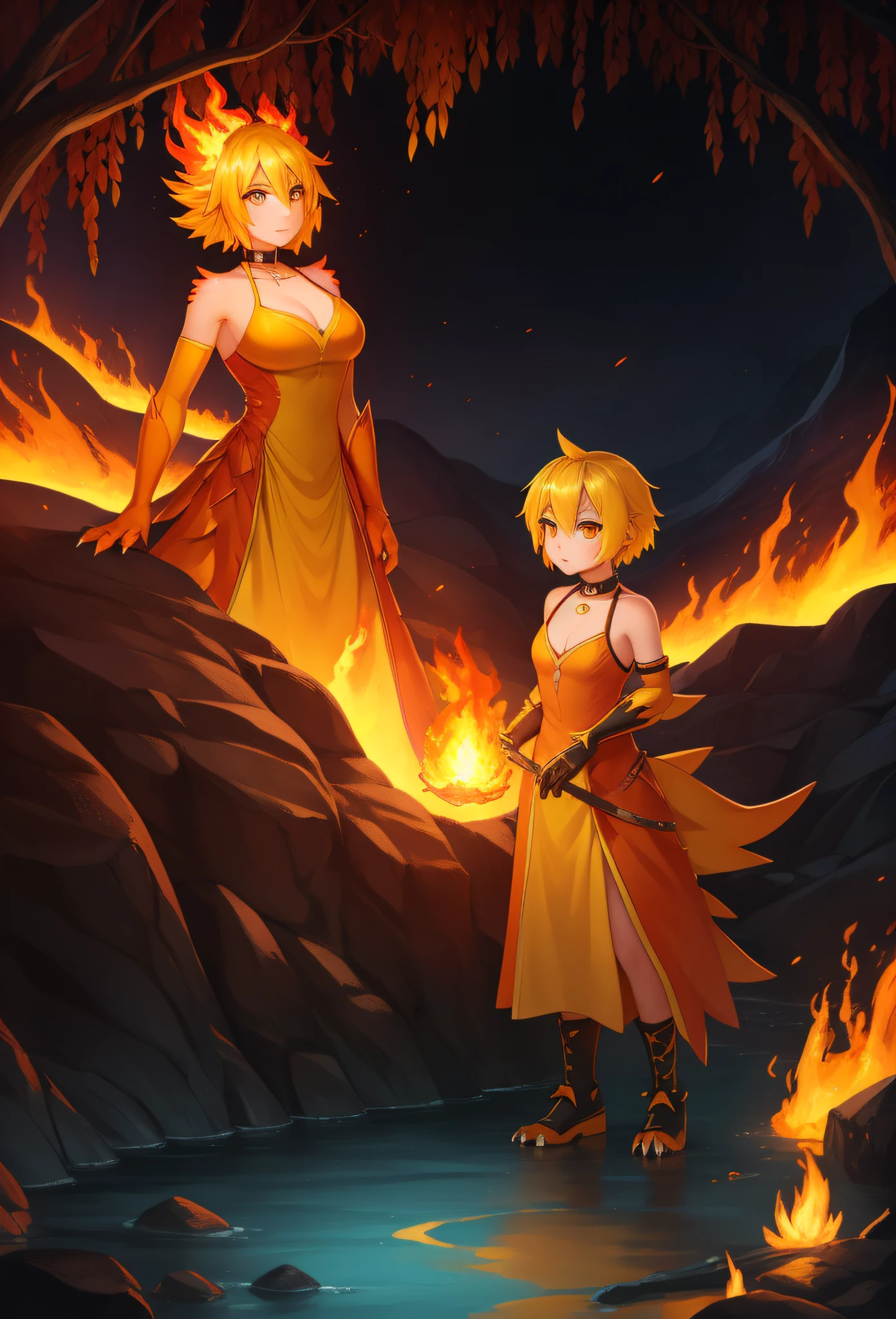 Duck, (monster girl), short yellow hair made of flames, fiery, yellow skin, orange spikes, long yellow tail tipped with flame, orange fiery dress with fire pattern, orange spike gloves, claws, black neck choker, standing by a lava river, fire flames behind them, masterpiece, best quality