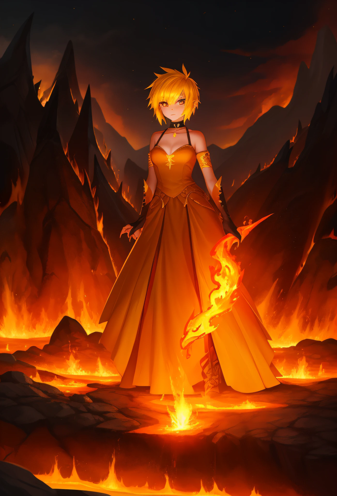Duck, (monster girl), short yellow hair made of flames, fiery, yellow skin, orange spikes, long yellow tail tipped with flame, orange fiery dress with fire pattern, orange spike gloves, claws, black neck choker, standing by a lava river, fire flames behind them, masterpiece, best quality