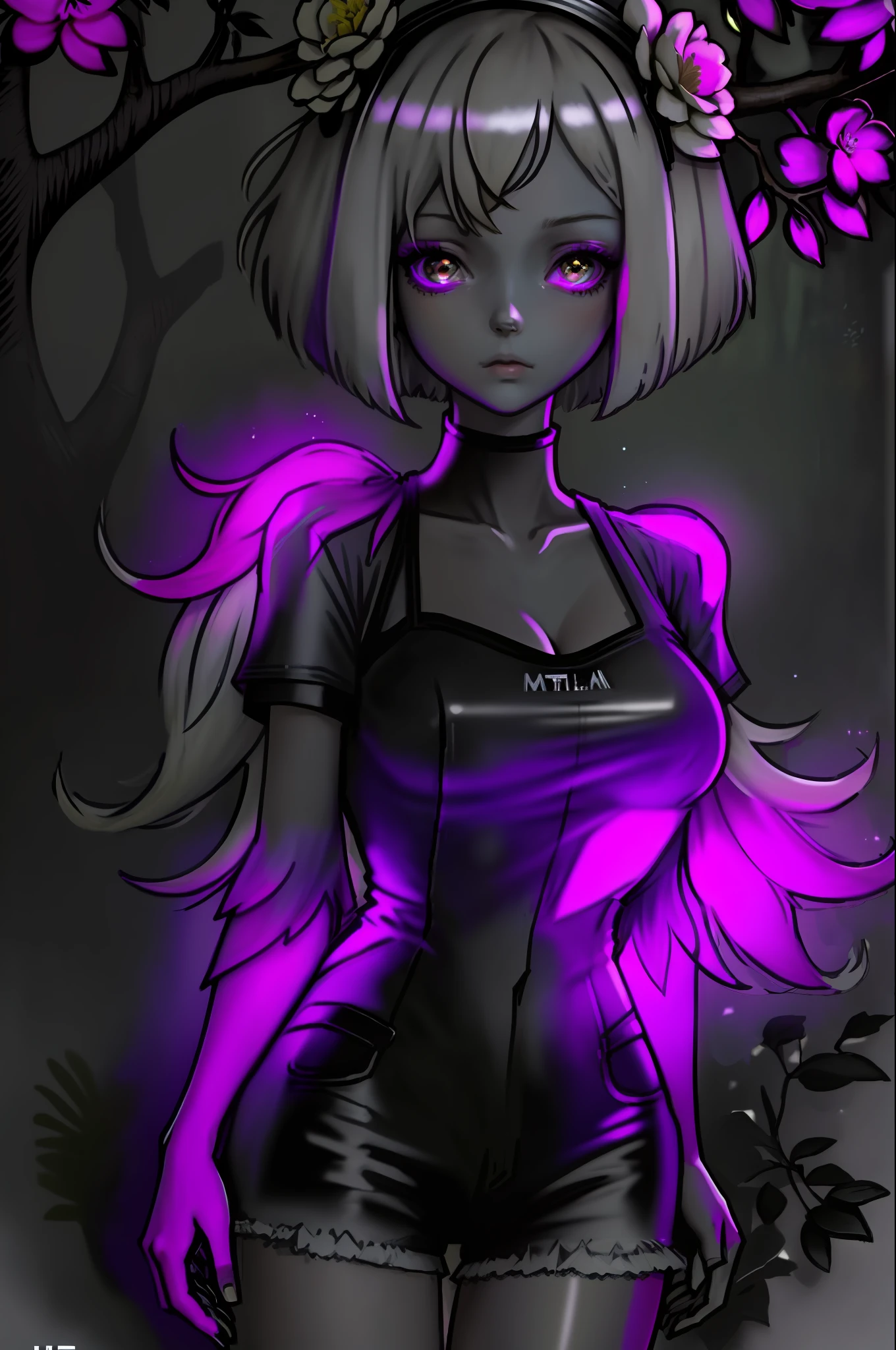 1girl beautiful, absurd, 8k uhd, platinum blonde hair, bob cut, medium breasts, black t-shirt, jean shorts, garden background, flowers, magnolias, apple tree, close-up portrait girl anime hair curled flouresente shiny, color purple neon neon orange neon
