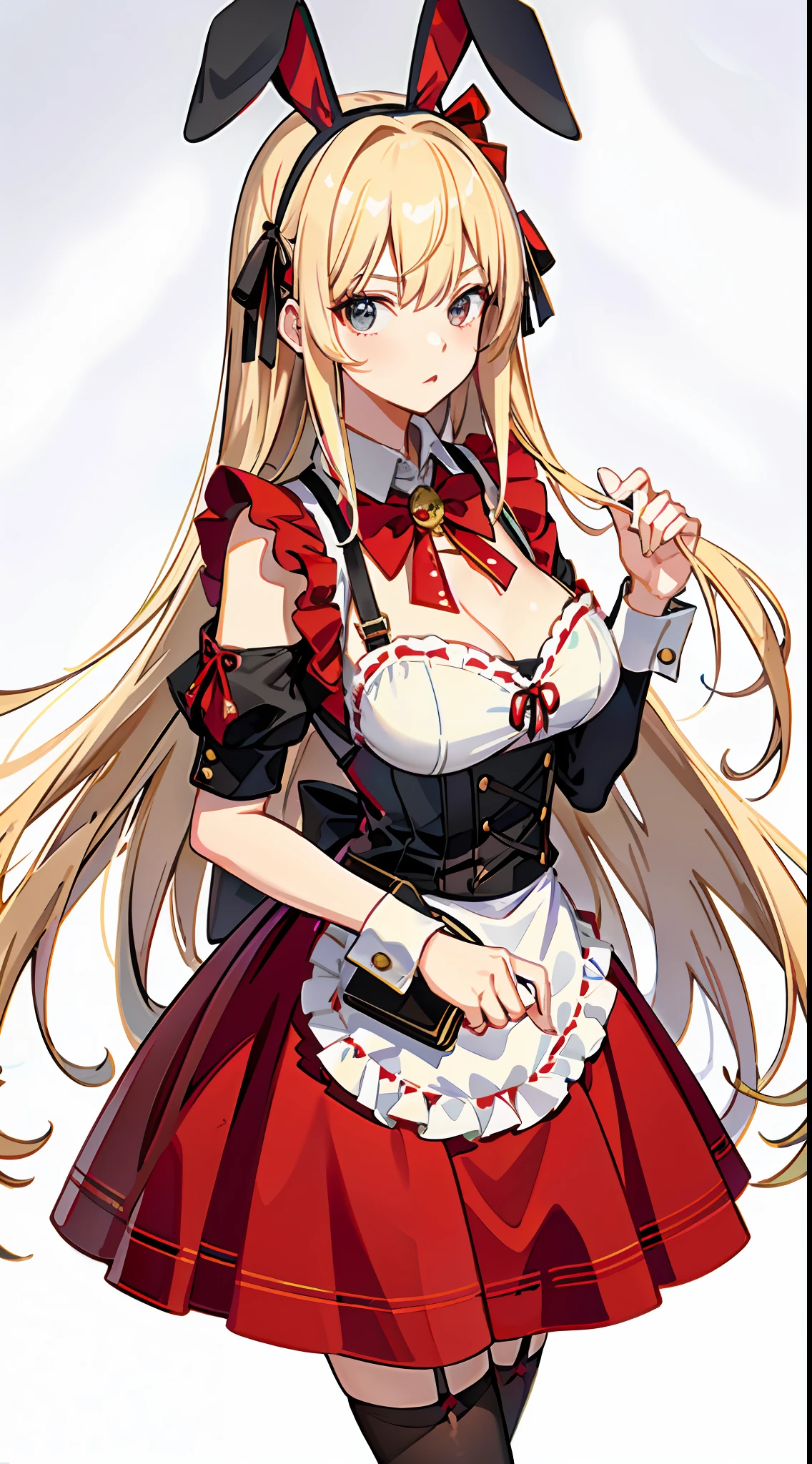 absurdres, best quality, 1girl, solo, blonde hair, black eyes, long hair, large breasts, ahBunny, rabbit ears, red corset, gakuran, apron, red neck ribbon, red skirt, hair bow, short sleeves, wrist cuffs , white thighhighs, jingle bell