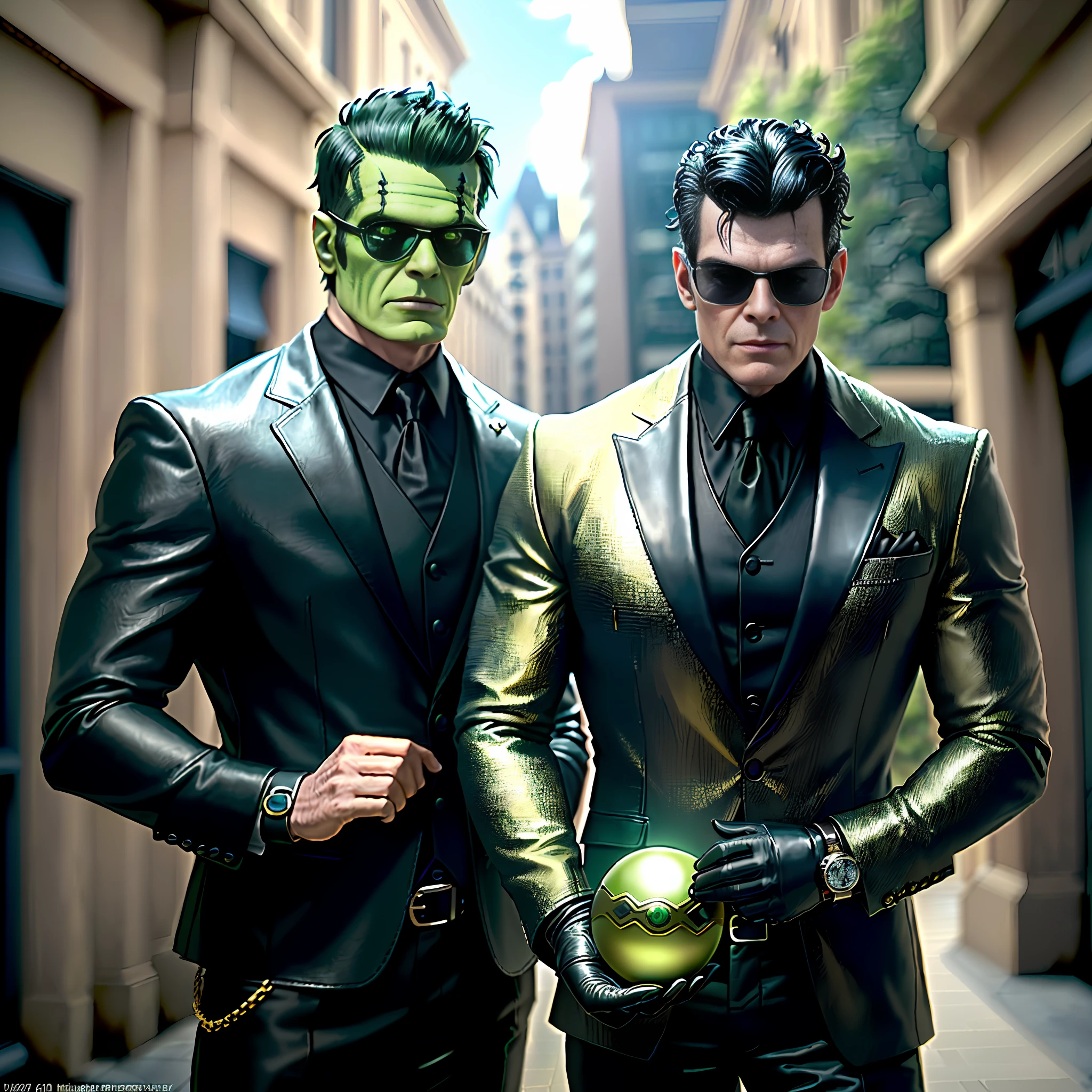 "((Highly detailed)), ((super realistic)), ((4k image)), ((color balance)), ((masterpiece)), Monster Frankenstein, wearing black leather suit, green face, black hair, leather glove, black sunglasses, gold watch, standing, centered on the scenery, holding a small sphere, making for photography, neutral theme, (no duplications)."