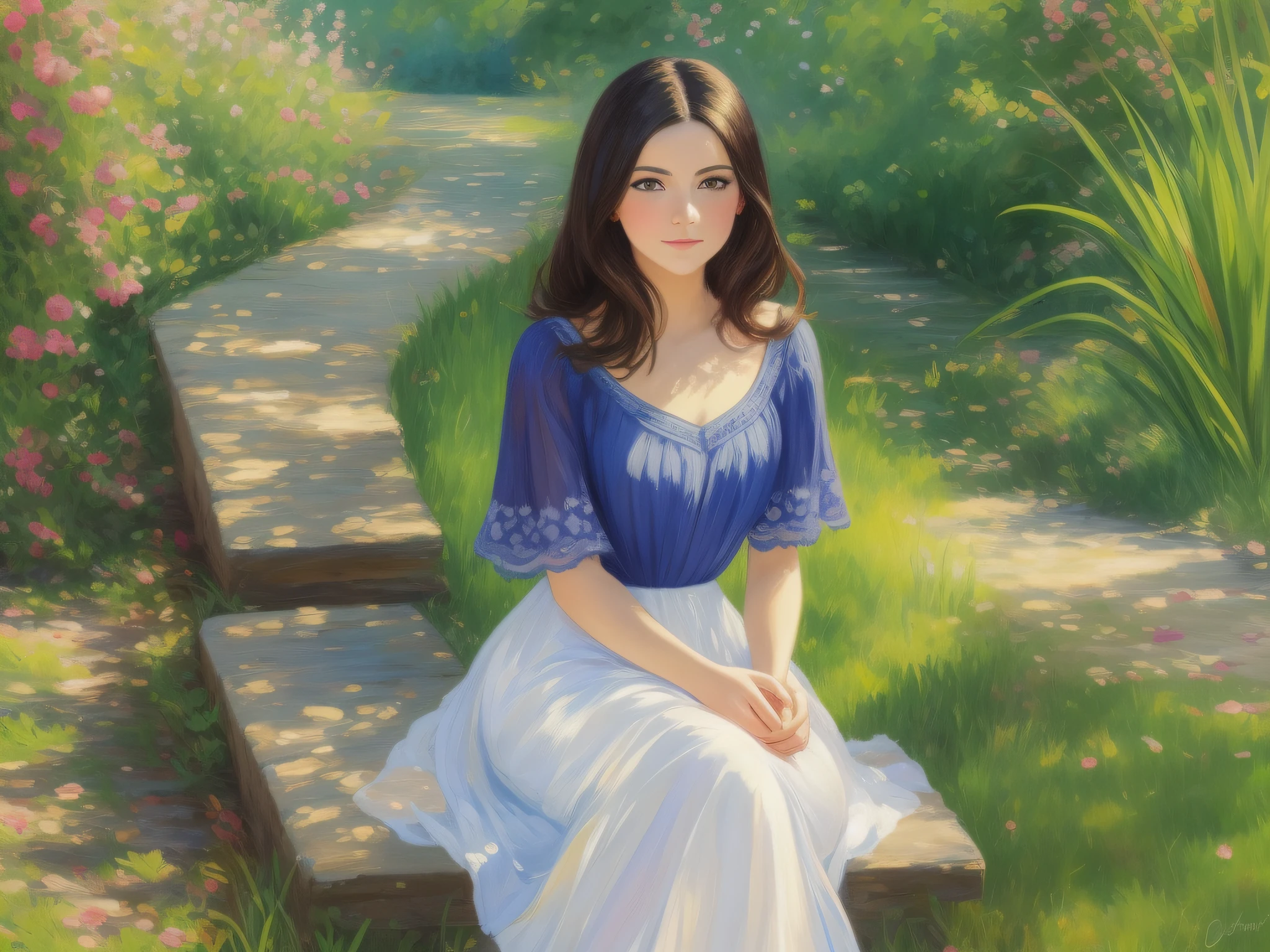 (masterpiece), best quality, impressionism, a beautiful and lively portrait, vibrant colors, soft brushstrokes,(1 person),dark hair, elegant clothing,lovely expression, sitting outdoors in the shade, natural light,greenery in the background, pleasant environment.