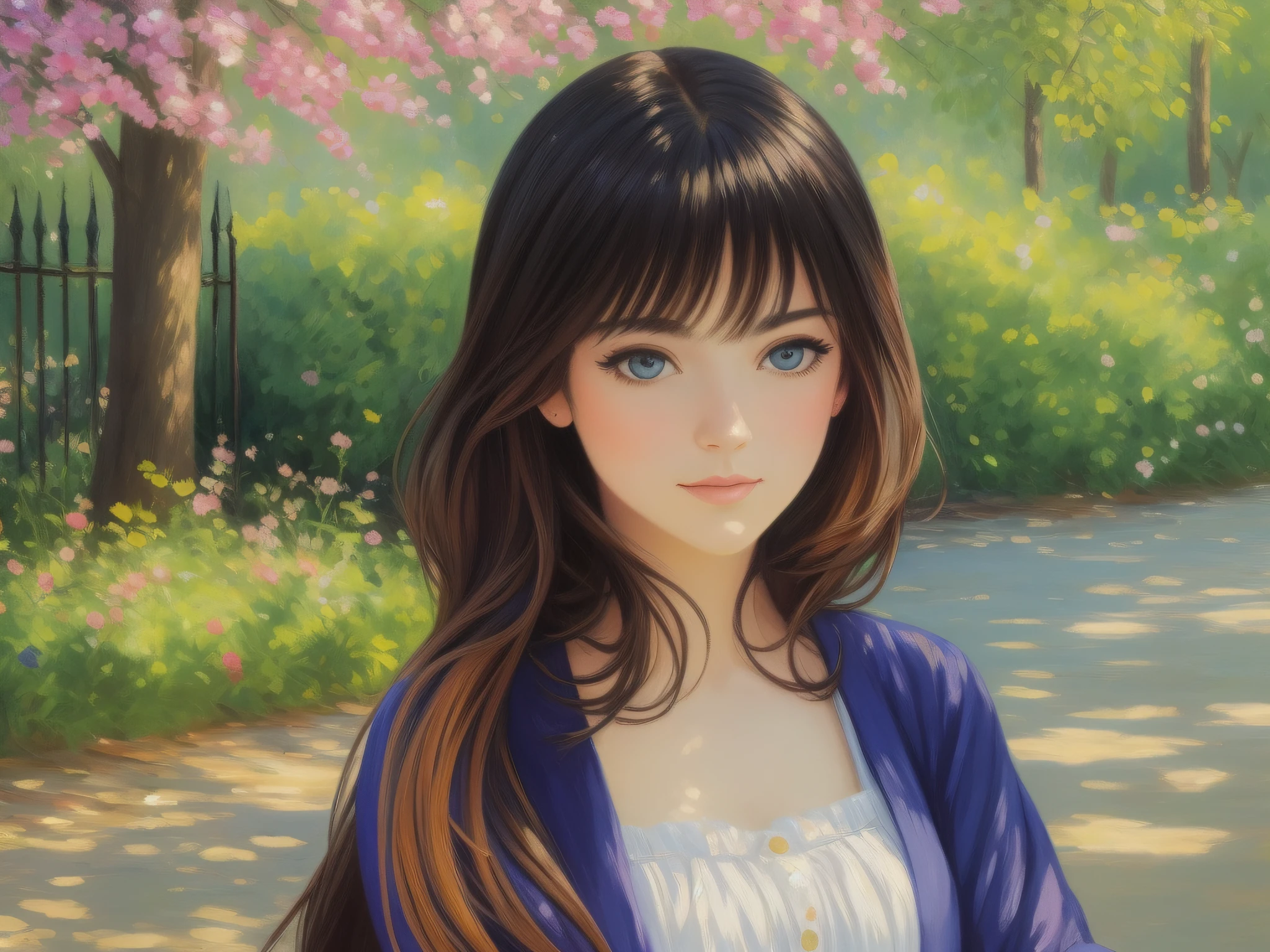 (masterpiece), best quality, impressionism, a beautiful and lively portrait, vibrant colors, soft brushstrokes,(1 person),dark hair, elegant clothing,lovely expression, sitting outdoors in the shade, natural light,greenery in the background, pleasant environment.