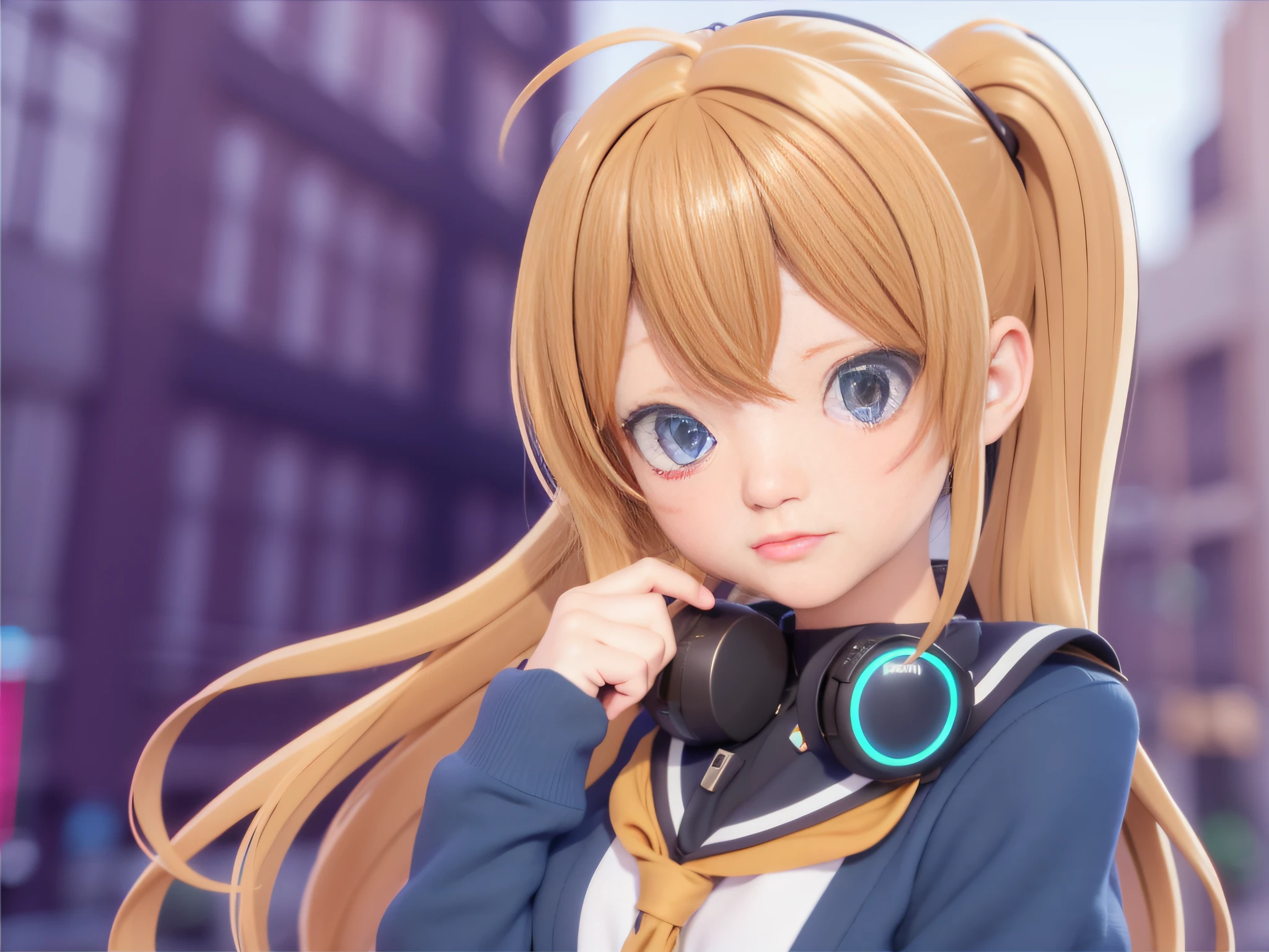 Anime girl standing in front of building with short brown hair hair and blue shirt, realistic anime 3 D style, realistic anime, 3 D anime realistic, realistic anime girl rendering, super realistic anime, smooth anime CG art, realistic young anime girl, render a cute 3d anime girl, anime style 3d, anime girl in real life, realistic anime art style