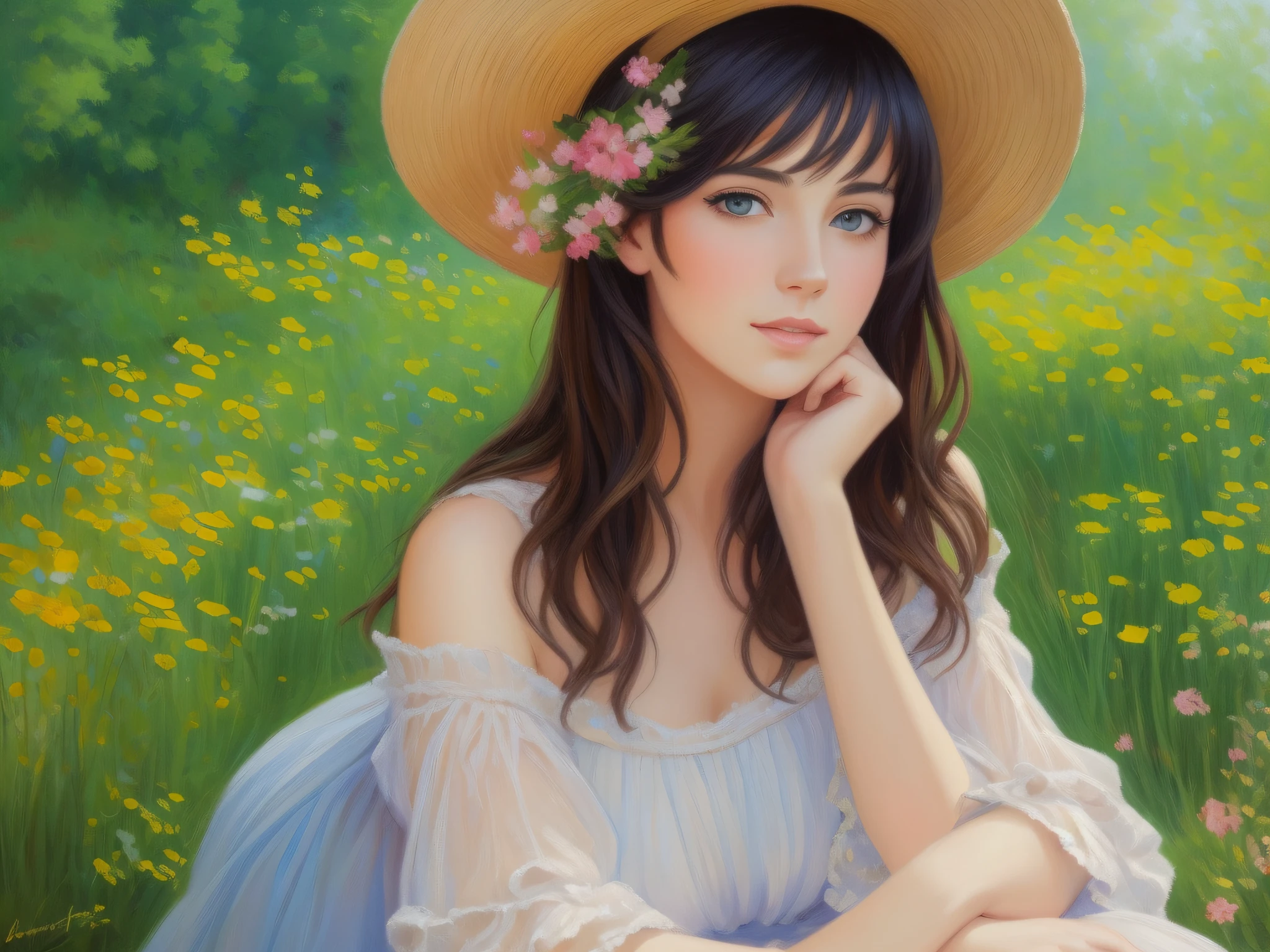 (masterpiece), best quality, impressionism, a beautiful and lively portrait, vibrant colors, soft brushstrokes,(1 person),dark hair, elegant clothing,lovely expression, sitting outdoors in the shade, natural light,greenery in the background, pleasant environment.