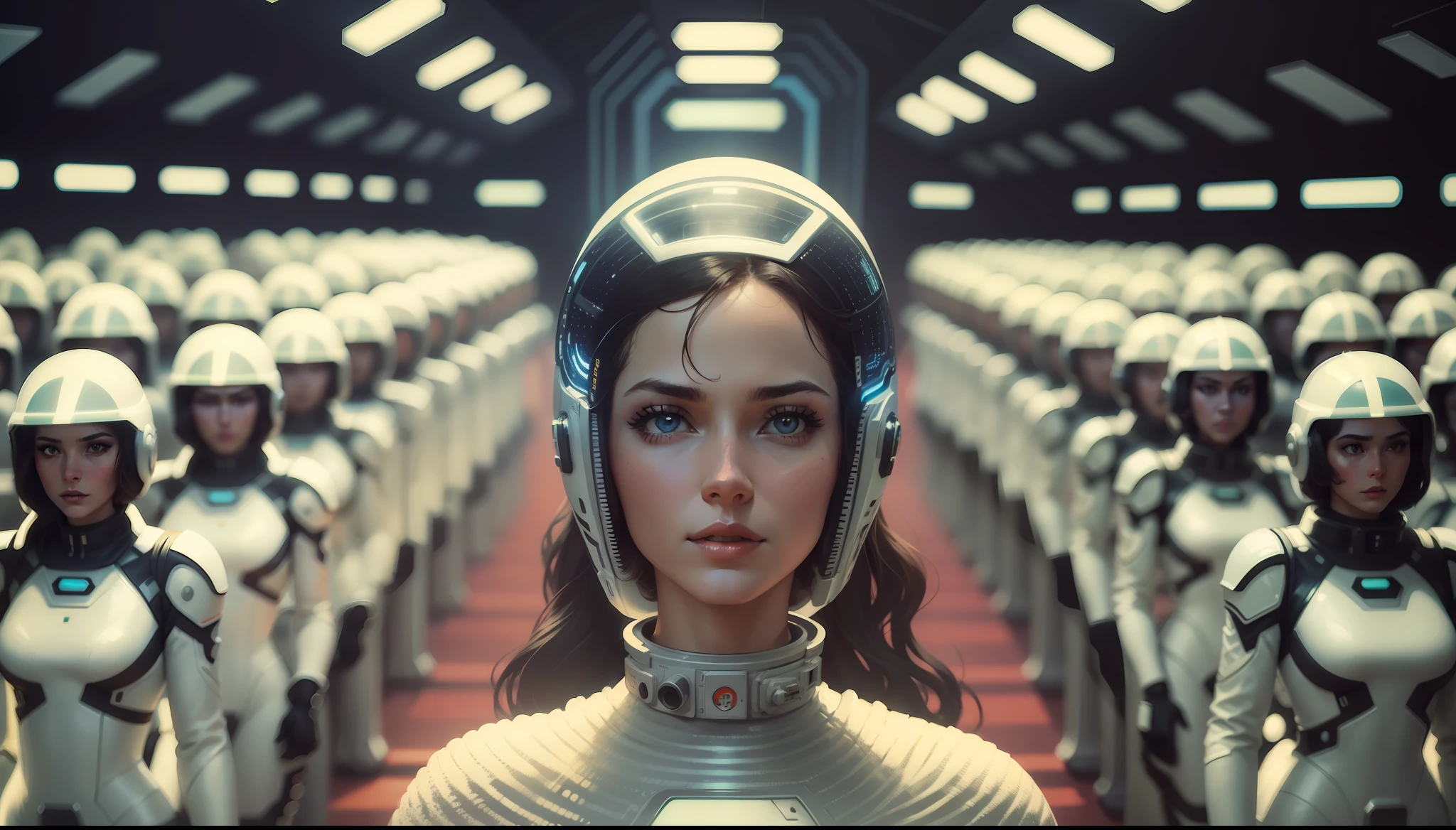 a woman in a futuristic space suit surrounded by other women, poster art by Jan Tengnagel, cgsociety, retrofuturism, reimagined by industrial light and magic, 1970s, dystopian art