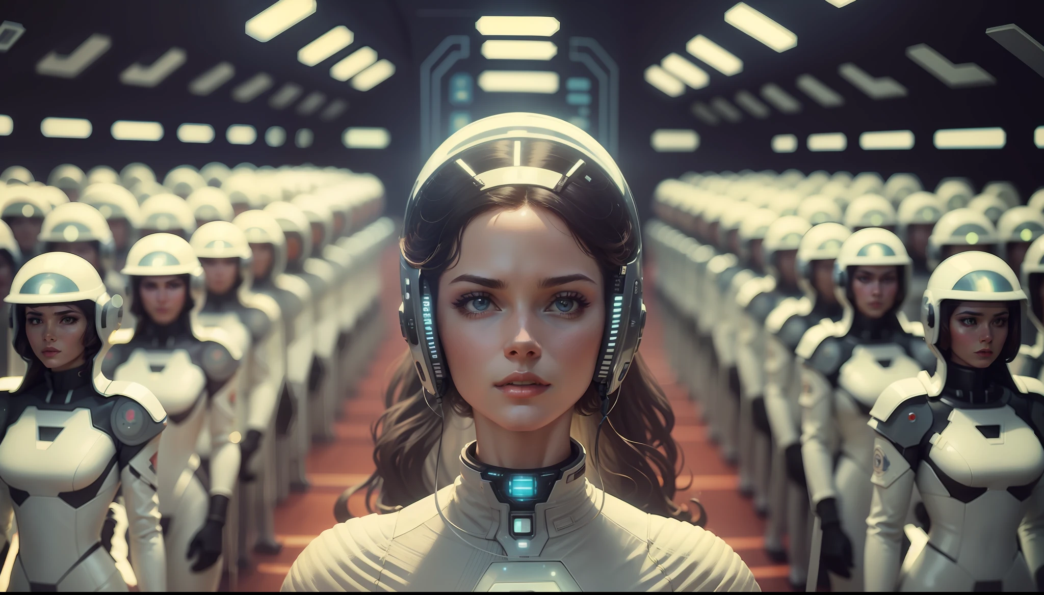 a woman in a futuristic space suit surrounded by other women, poster art by Jan Tengnagel, cgsociety, retrofuturism, reimagined by industrial light and magic, 1970s, dystopian art