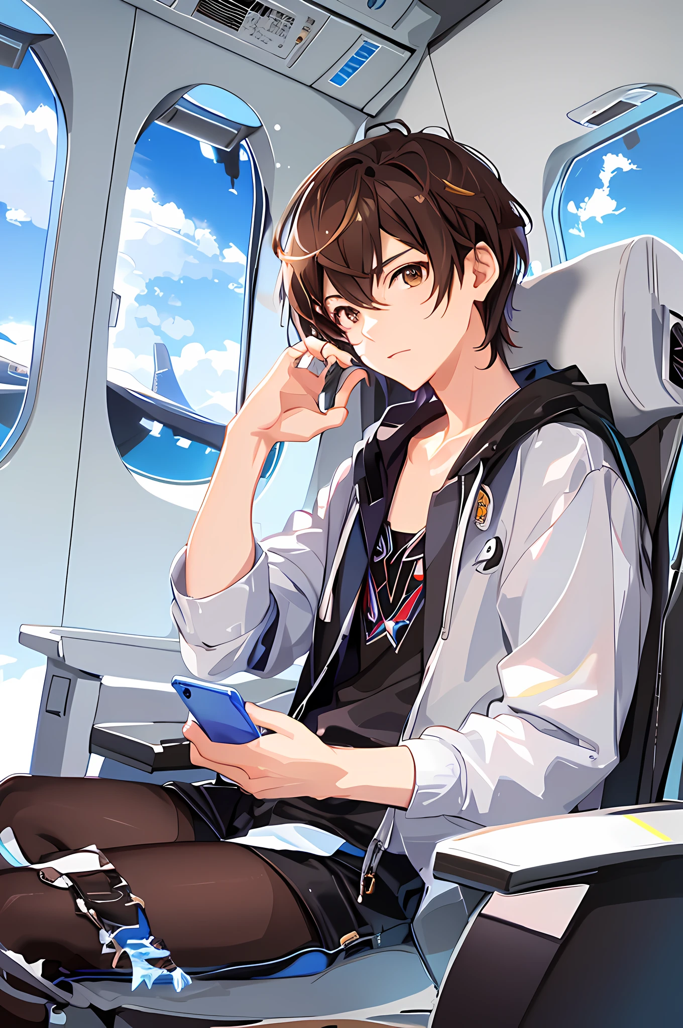 anime character sitting on an airplane with a cell phone, high quality anime art, makoto shinkai (apex legends), moe artstyle anime, anime art wallpaper 8 k, digital anime illustration, by Yuumei, detailed digital anime art, anime art wallpaper 4k, anime art wallpaper 4 k, anime wallpaper 4k, high quality fanart,  Young anime man, brown hair and brown eyes, white coat