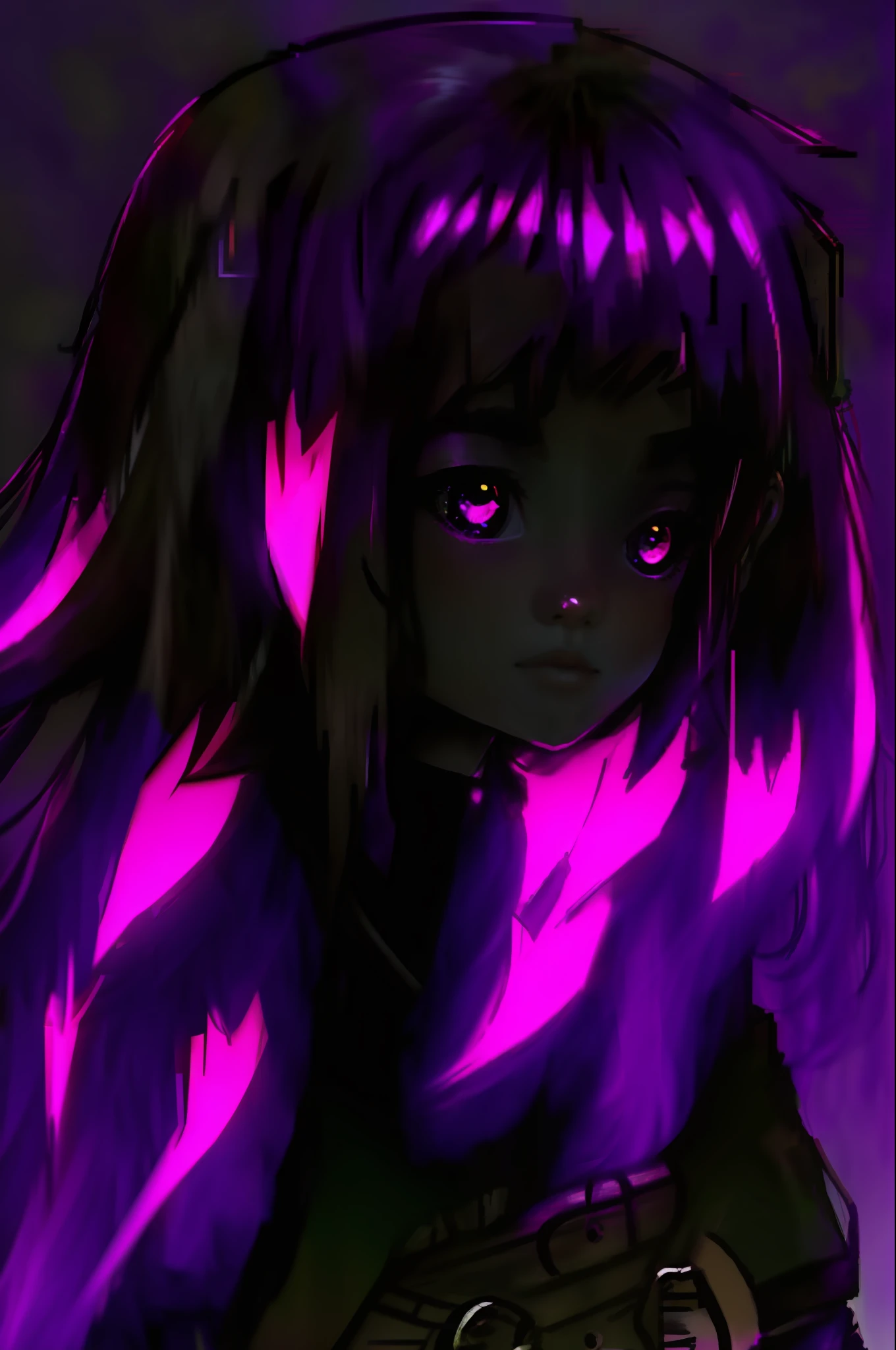 girl anime hair curled flouresente shiny, color purple neon orange neon