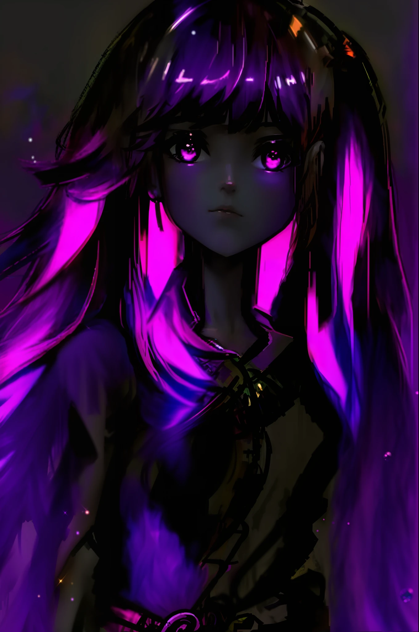 girl anime hair curled flouresente shiny, color purple neon orange neon