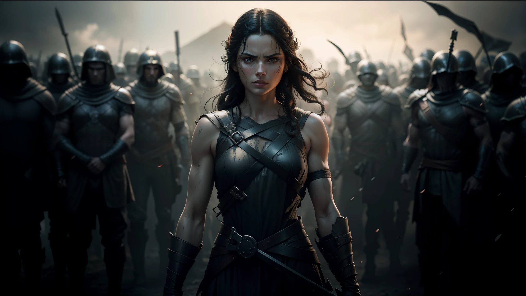 a woman in a costume standing in front of a group of soldiers, in screenshot from the 300 movie, official splash art, furious dark haired women, inspired by Júlíana Sveinsdóttir, sexy movie photo, luthien, skeleton warrior, still from a music video, boardgamegeek, by Jesse Richards, trending digital art