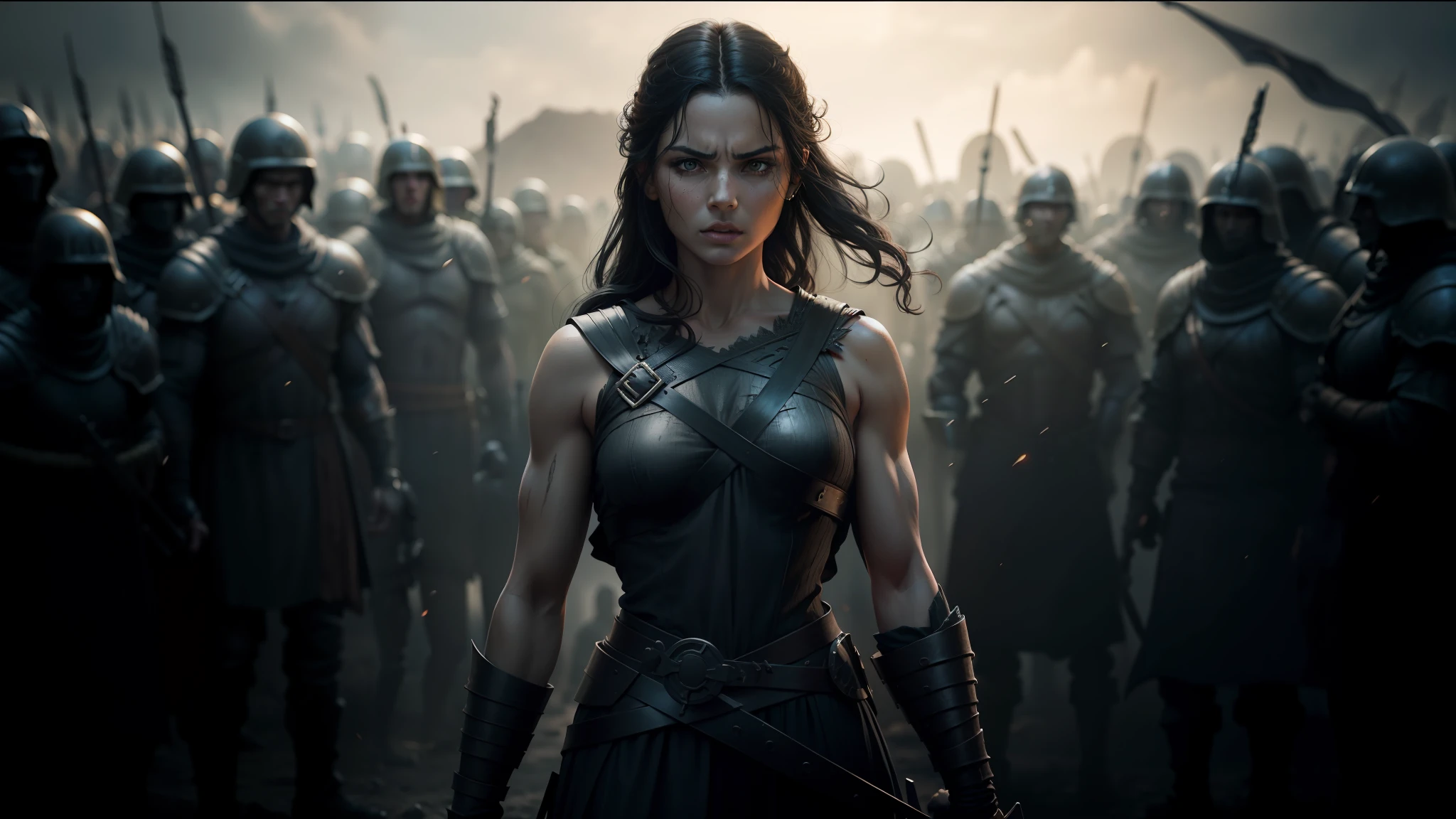 a woman in a costume standing in front of a group of soldiers, in screenshot from the 300 movie, official splash art, furious dark haired women, inspired by Júlíana Sveinsdóttir,  movie photo, luthien, skeleton warrior, still from a music video, boardgamegeek, by Jesse Richards, trending digital art
