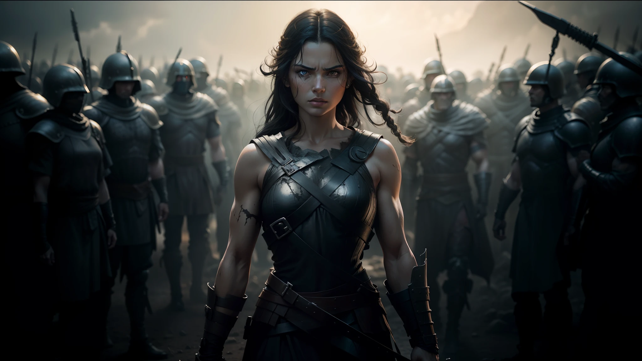 a woman in a costume standing in front of a group of soldiers, in screenshot from the 300 movie, official splash art, furious dark haired women, inspired by Júlíana Sveinsdóttir, sexy movie photo, luthien, skeleton warrior, still from a music video, boardgamegeek, by Jesse Richards, trending digital art