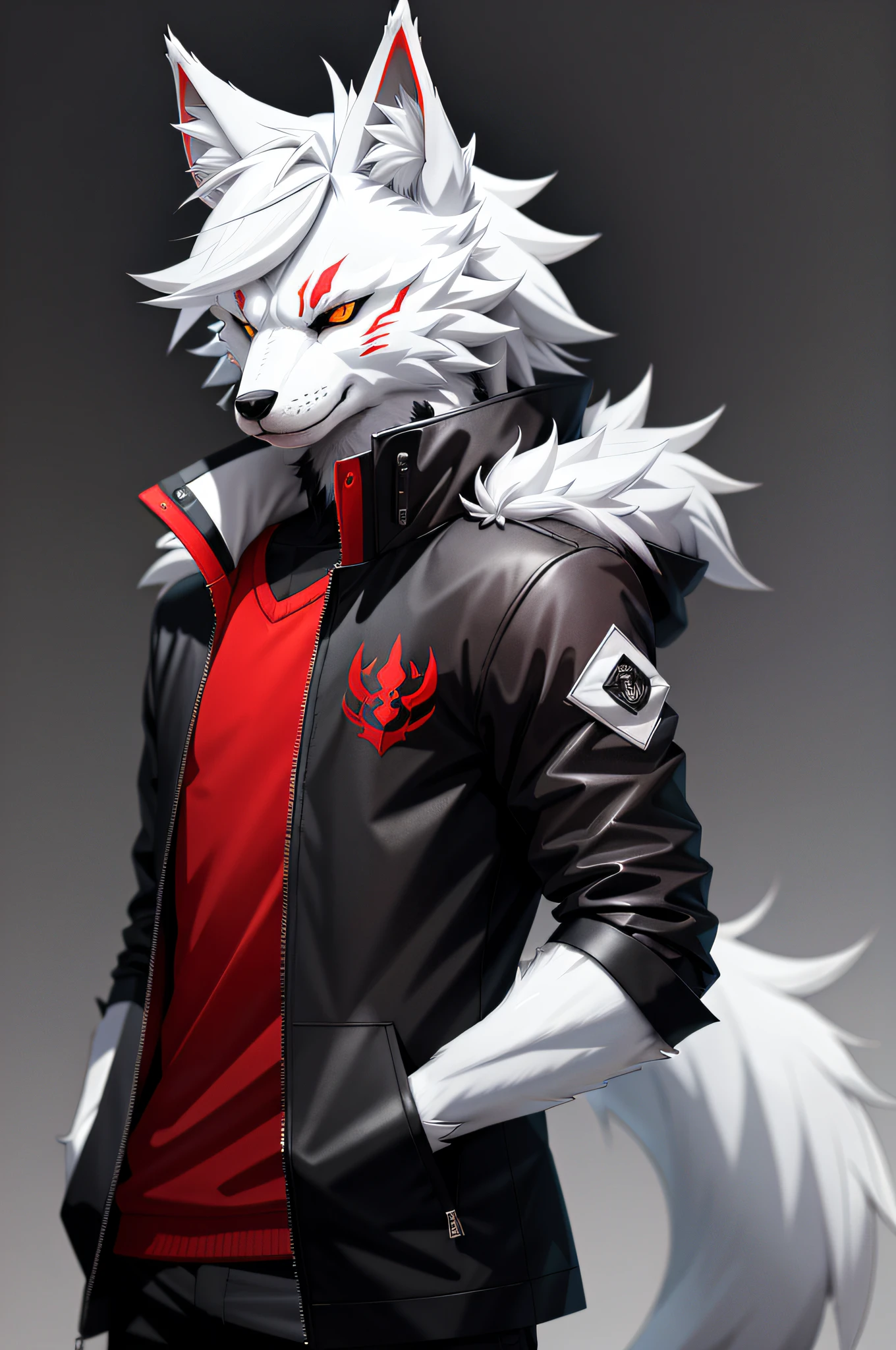White anthropomorphic wolf furry with black jacket with red details and body half facing the viewer anime style FURRY