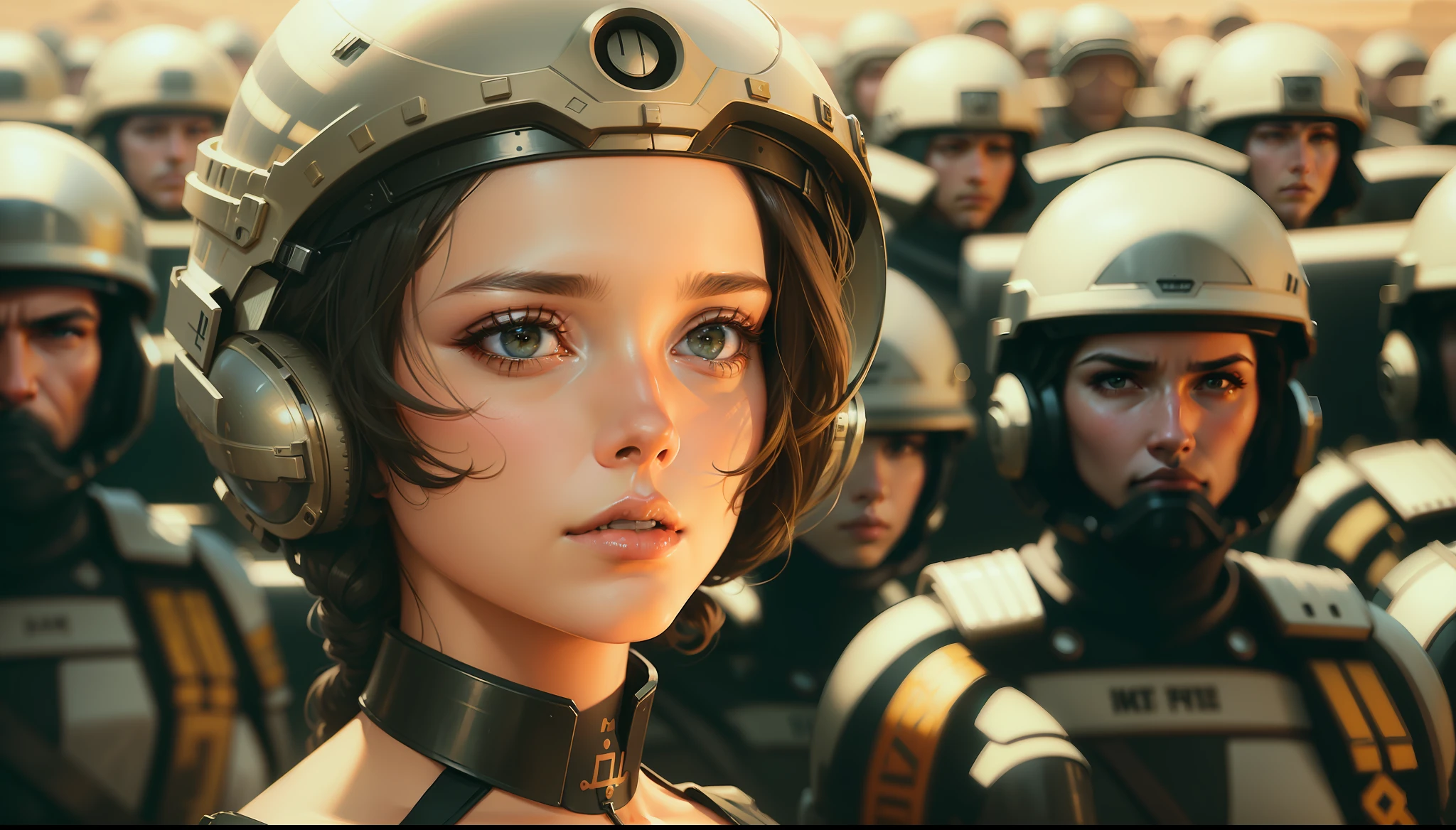a painting of a woman in a helmet surrounded by soldiers, a detailed matte painting by Magali Villeneuve, featured on cgsociety, retrofuturism, ilya kuvshinov, reimagined by industrial light and magic, dystopian art