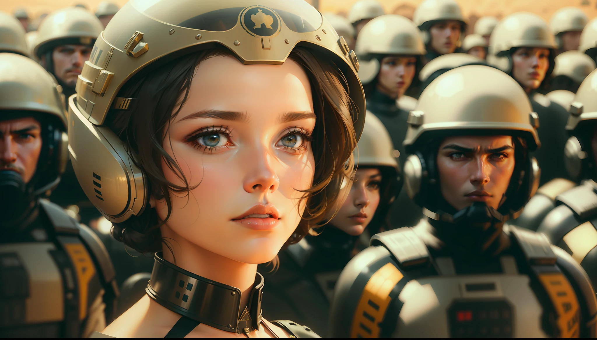 a painting of a woman in a helmet surrounded by soldiers, a detailed matte painting by Magali Villeneuve, featured on cgsociety, retrofuturism, ilya kuvshinov, reimagined by industrial light and magic, dystopian art