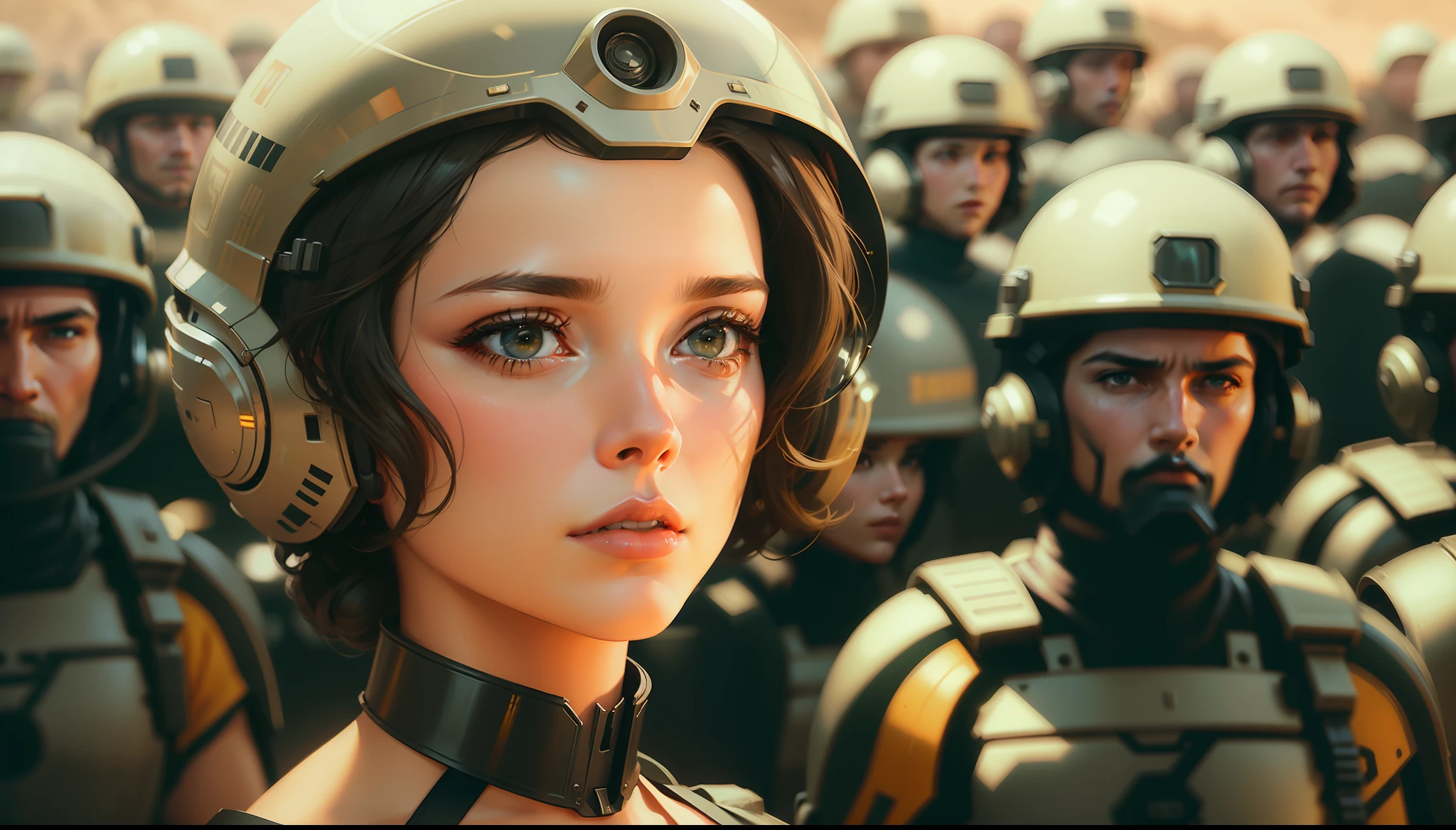 a painting of a woman in a helmet surrounded by soldiers, a detailed matte painting by Magali Villeneuve, featured on cgsociety, retrofuturism, ilya kuvshinov, reimagined by industrial light and magic, dystopian art