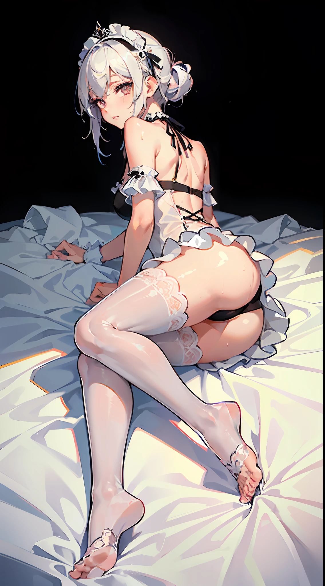 (intricate details), colorful, full-body, (white bed sheet:1.2), lying on bed, detailed feet, (from behind:1.2, looking back), on stomach, ass, back, median furrow, (finely detailed eyes and detailed face:1.3), (nun:0.9), (skindentation), lustrous skin, large breasts, wide hips, anime nose, , (tsurime:1.3, eyeliner, sharp eyelashes:1.2, solid eyelid), half updo, messy hair, unkempt, (wet body), (dripping sweat), hair ornament, hair ribbon, choker, high waist dress, bare shoulders, white shirts, (black pantyhose), (lace trim:1.2), see-through, ribbon, smiley face